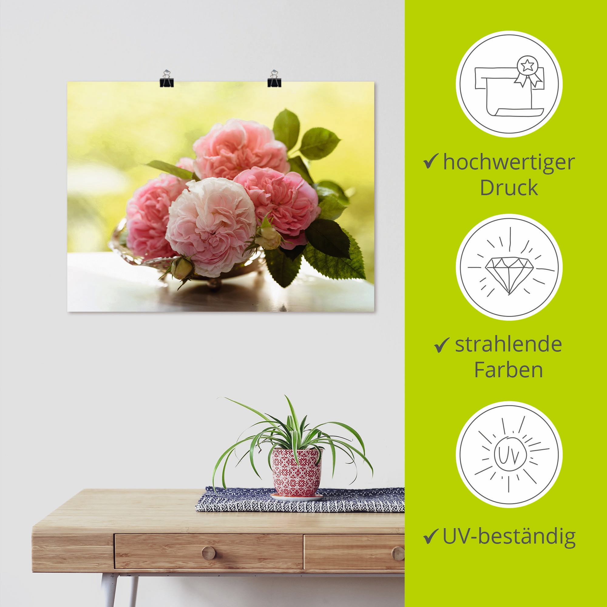 Artland Poster »Rosen in Silberschale Stillleben« Blumen 1 Stk. tlg. ohne Rahmen