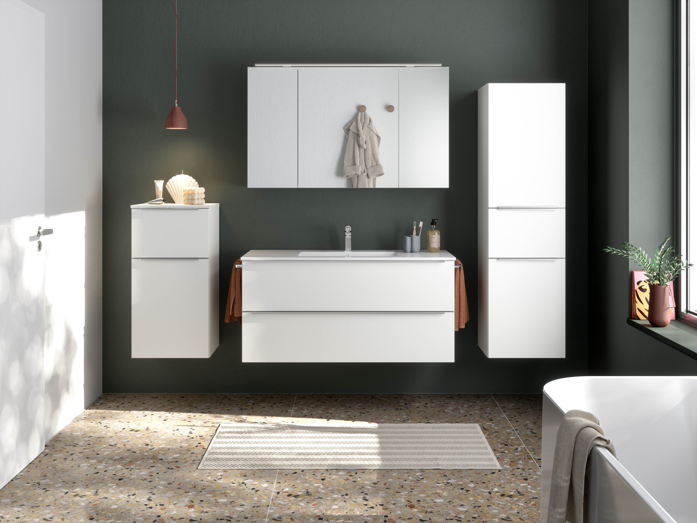 nobilia® Badmöbel-Set »Levere«, (4 St., vormontiert, mit Soft-Close), inkl. Spiegelschrank mit Beleuchtung und Dimmerfunktion, in 4 Breiten