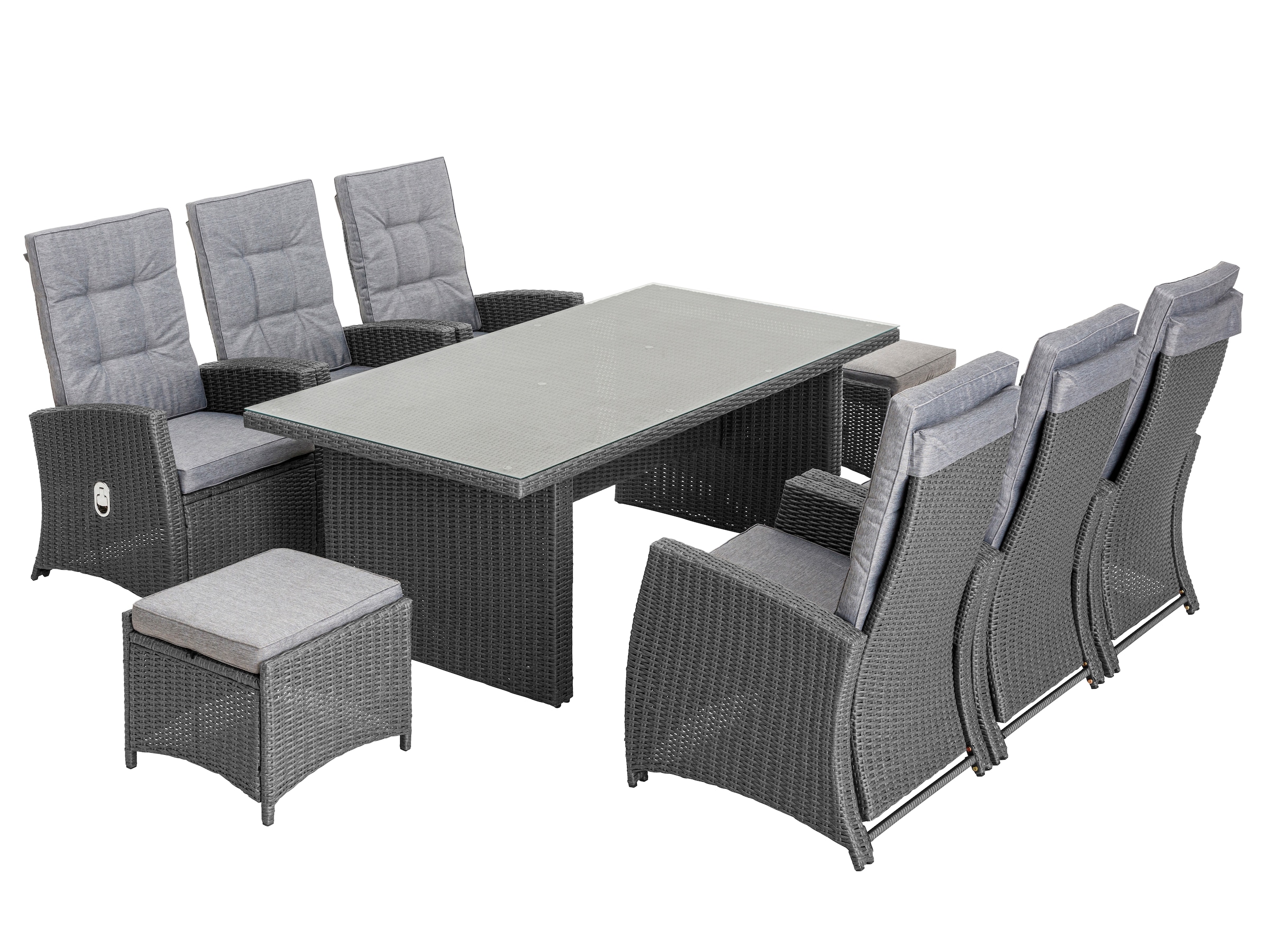 KONIFERA Garten-Essgruppe »»New Paris««, (Set, 23 tlg., 6 Sessel, Rückenlehne verstellbar, Tisch 100x200x75 cm, 2 Hocker), inkl. Auflagen, Stahl/Polyrattan
