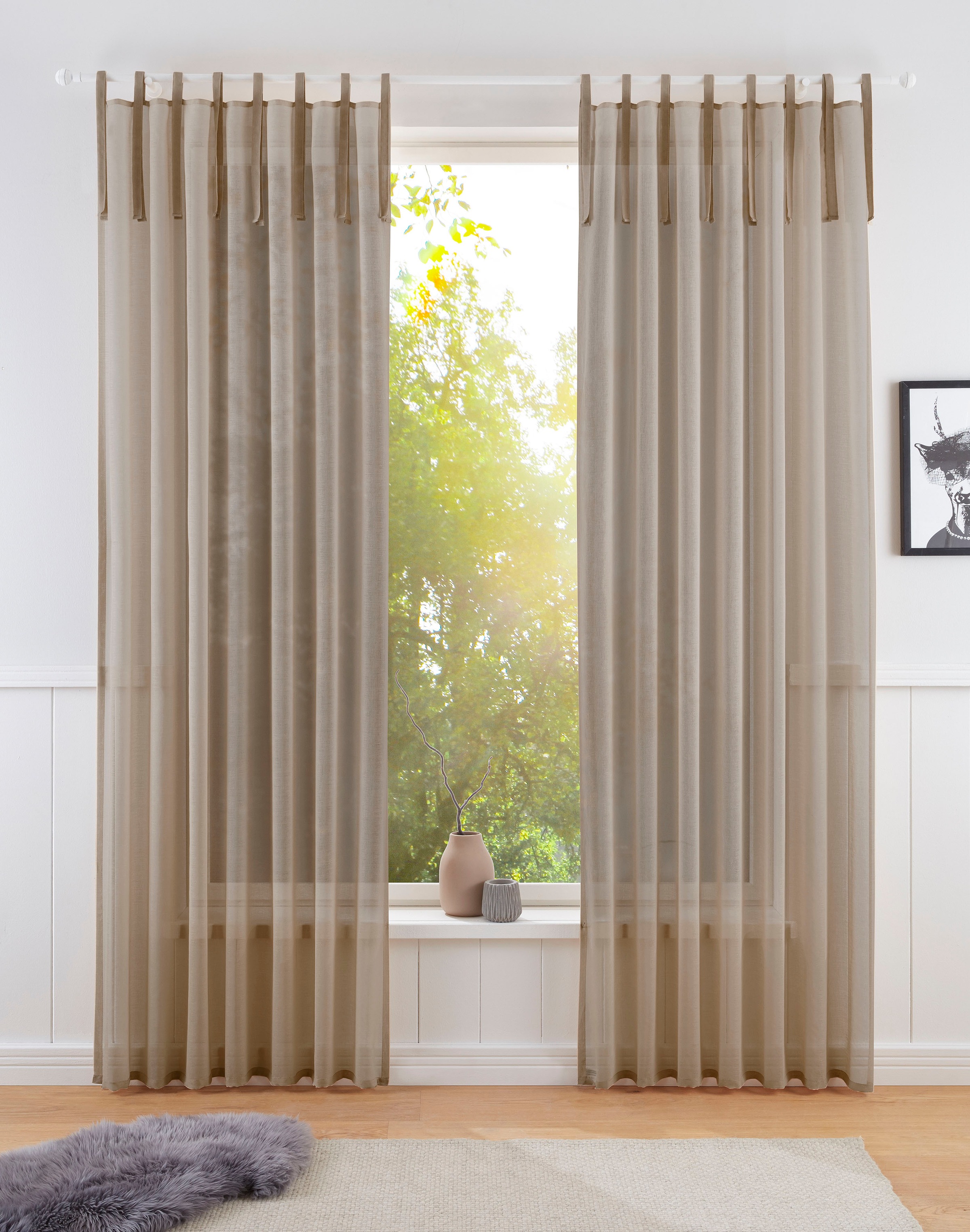 MY HOME Gardine »TENDER« Bindebänder 1 Stk. tlg. transparent, Leinen Optik mit Struktur, monochrom sand Obermaterial: 100% Polyester 295 cm