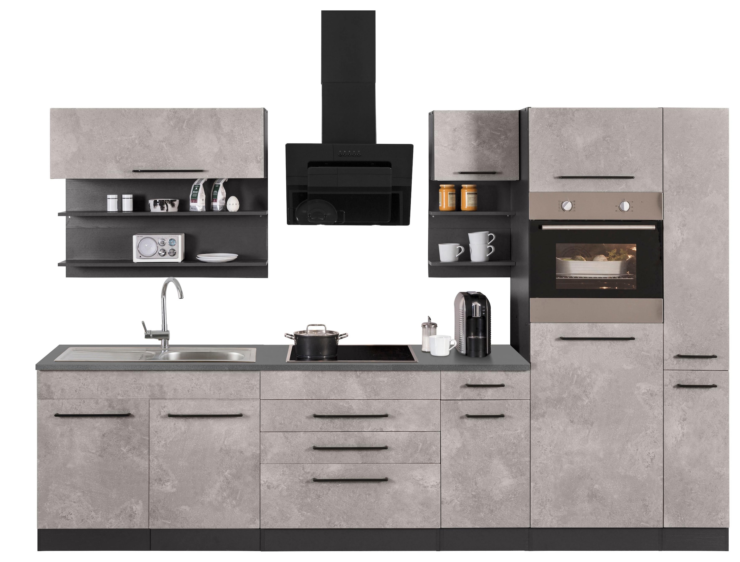 KOCHSTATION Küchenzeile »KS-Tulsa«, ohne E-Geräte, Breite 320 cm, schwarze Metallgriffe, MDF Fronten