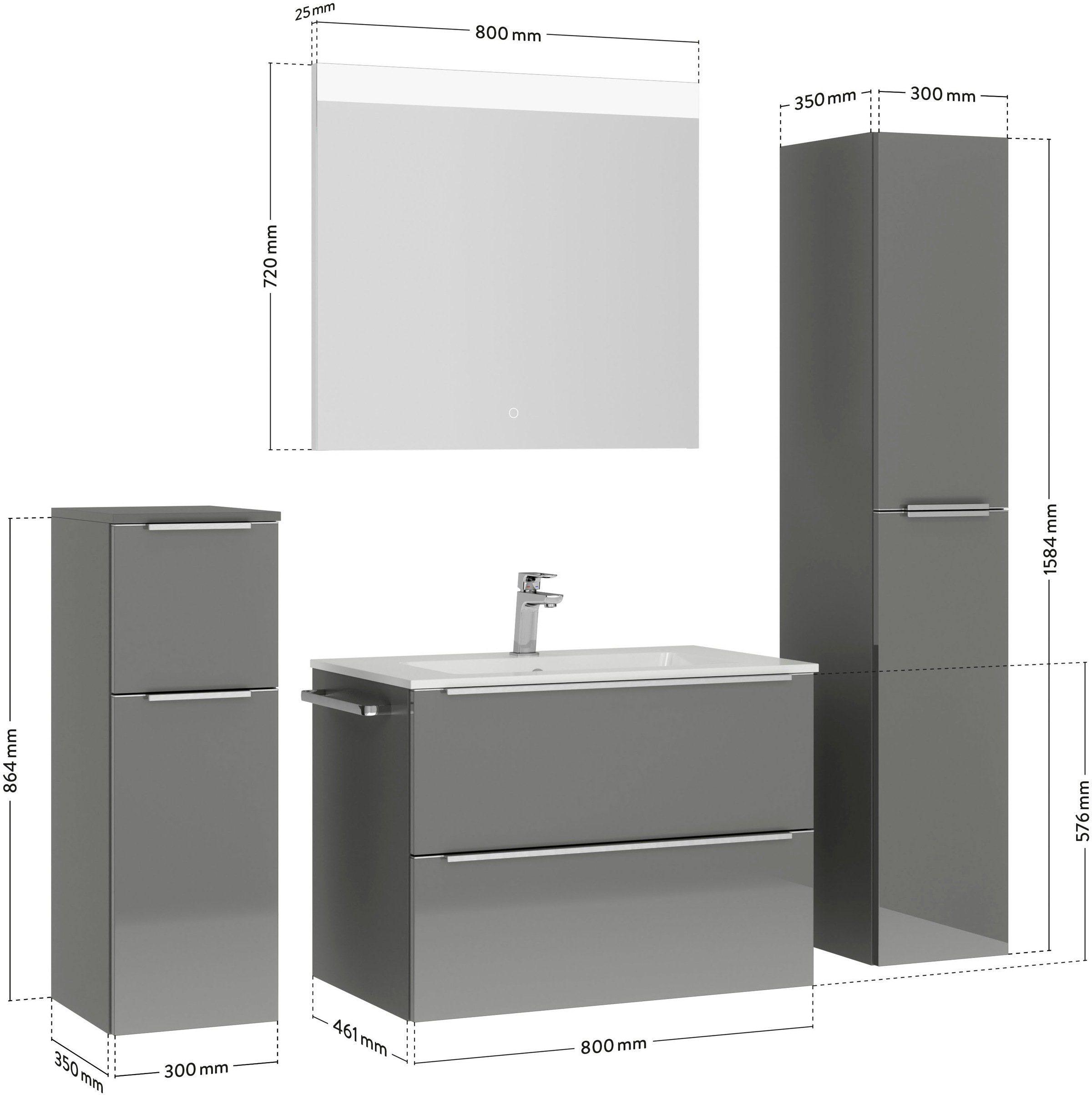 nobilia® Badmöbel-Set »Levere«, (4 St., vormontiert, mit Soft-Close), Hochglanz, inkl. Spiegel mit Touch-Sensor, in vier Breiten