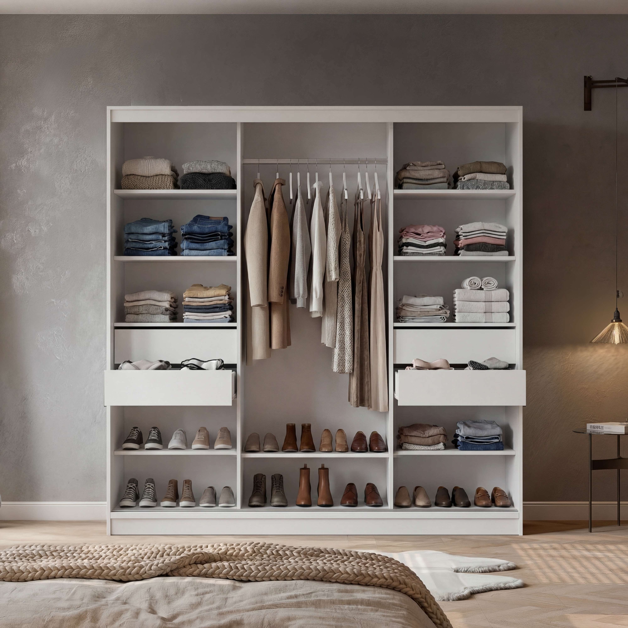 OTTO home Schwebetürenschrank »JORELLA, Premium Innenausstattung, maximaler Stauraum, Made in EU« H/B/T ca. 210/200/59 cm, 4 Schubladen, 2 Kleiderstangen, 8 Fächer,  3 Türen, schwarze Kontraste, Spiegel, modernes Design