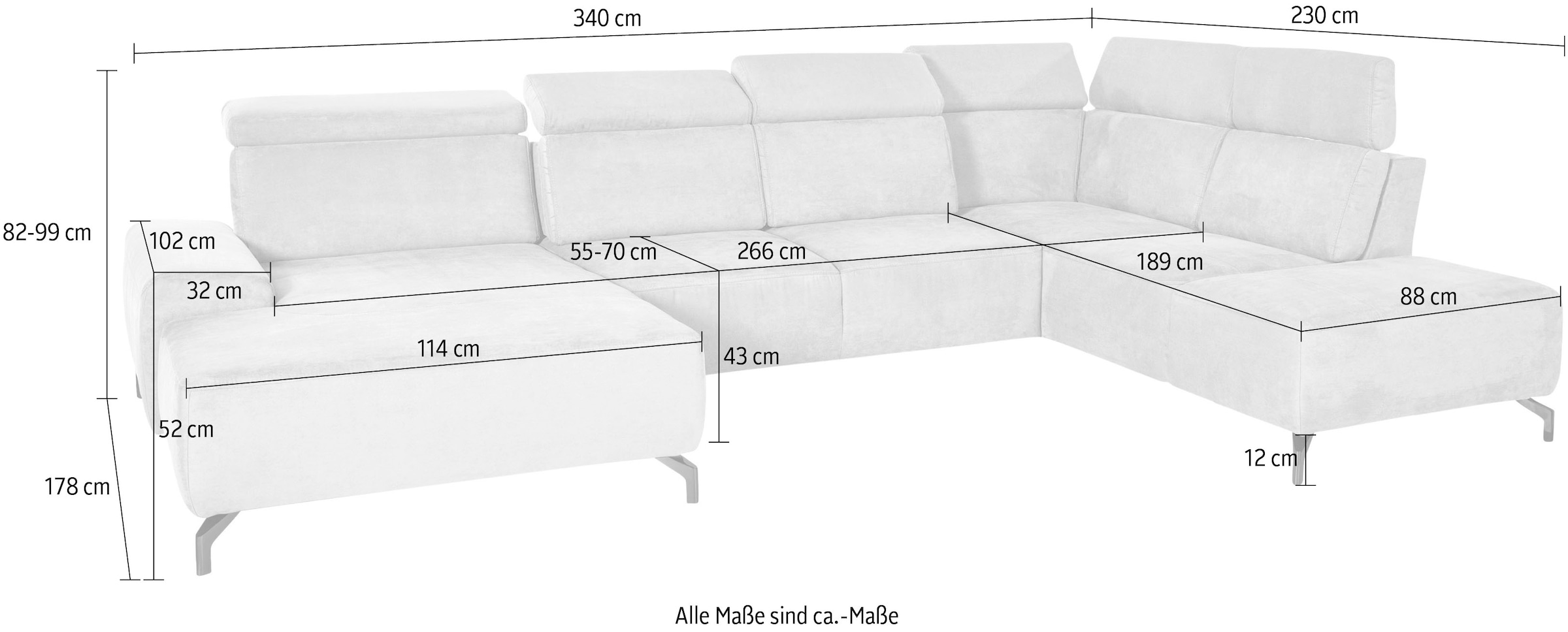 sit&more Wohnlandschaft »Gizeh U-Form« 12 cm Fußhöhe, inklusive Sitztiefenverstellung und Kopfteilverstellung