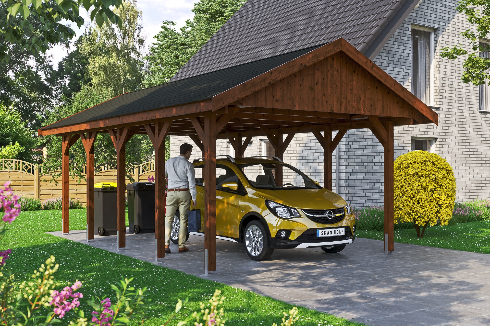 Skanholz Einzelcarport »Wallgau«, 340 cm, Nussbaum, mit schwarzen Dachschindeln