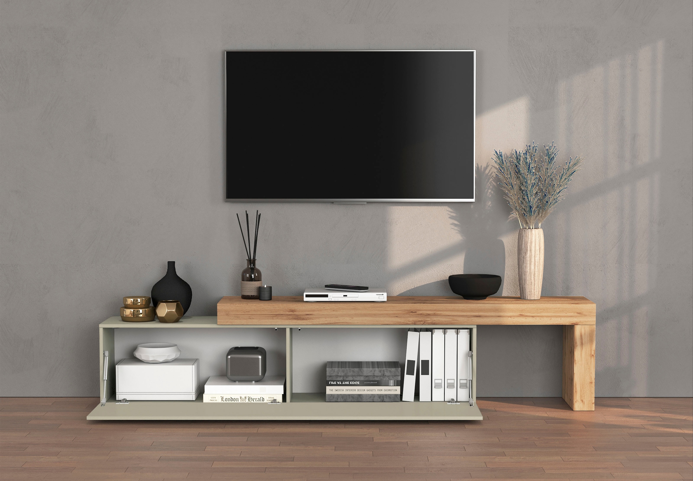INOSIGN Lowboard »Chronos TV-Board, TV-Schrank«, (1 St., Breite verstellbar von 190 bis 350 cm), Breite 270 cm TV-Board,Lowboard,1 Klappe und ein L-Förmiger Aufsatz