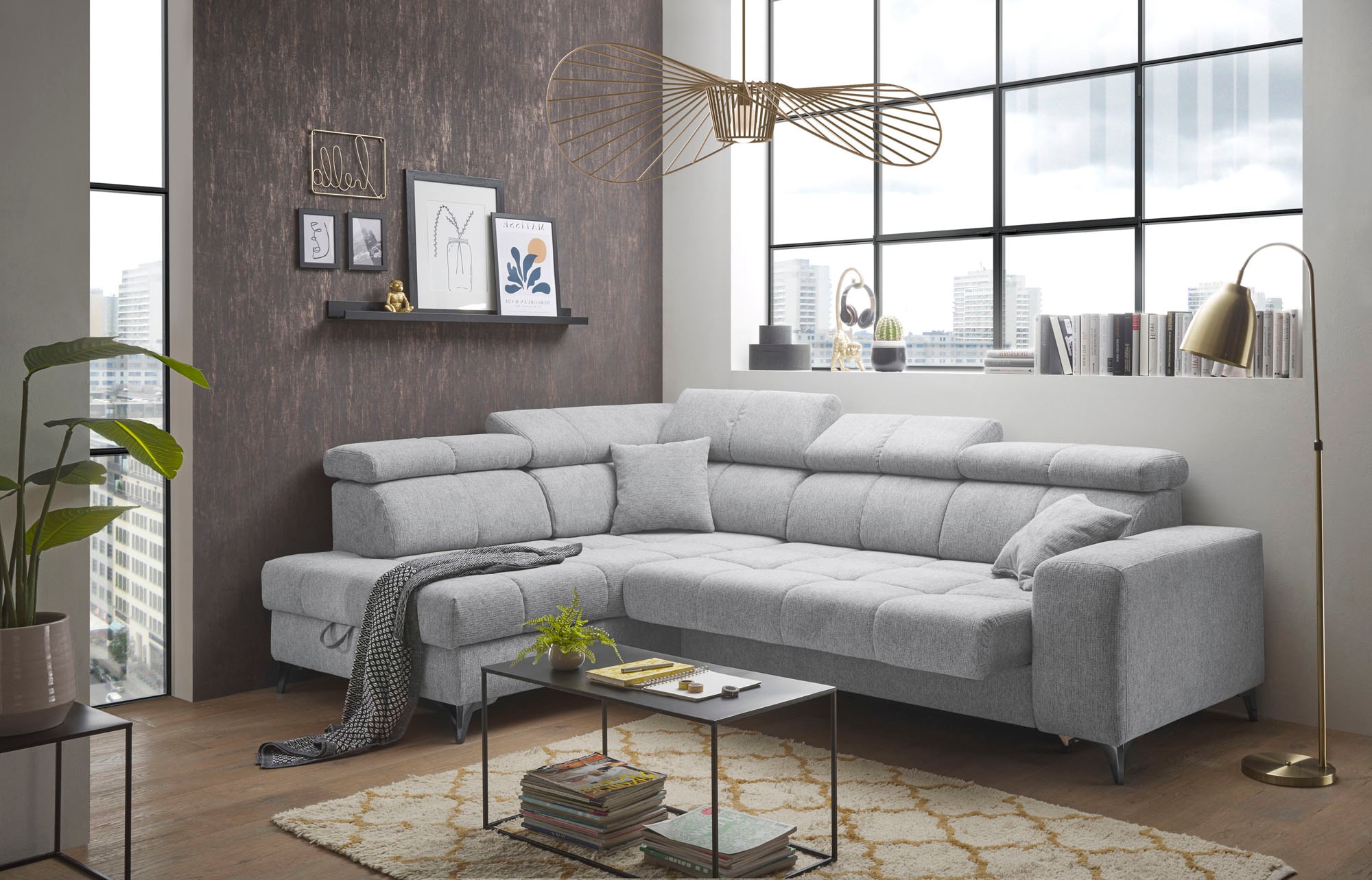 ED EXCITING DESIGN Ecksofa »Sydney L-Form mit Bettfunktion, Bettkasten, Kopfteilverstellung«, motorischer Sitztiefenverstellung, USB-Port & 2 Zierkissen