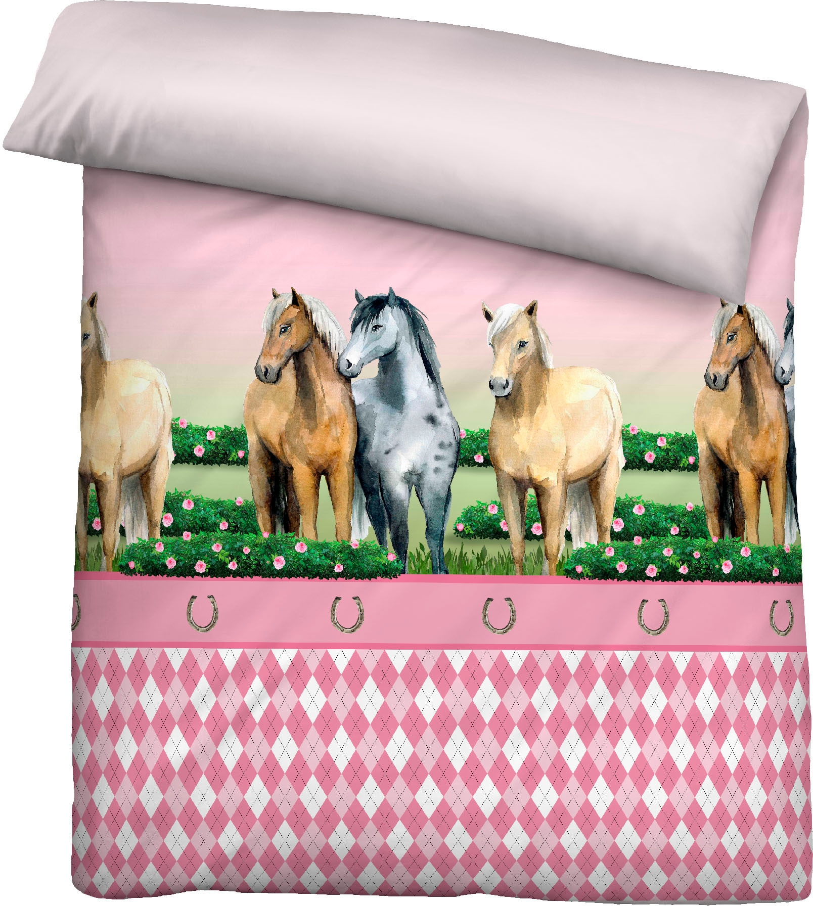 Biberna Kinderbettwäsche »Pferde«, 135/200+80/80 cm, atmungsaktiv, 100% Baumwolle, Reißverschluss