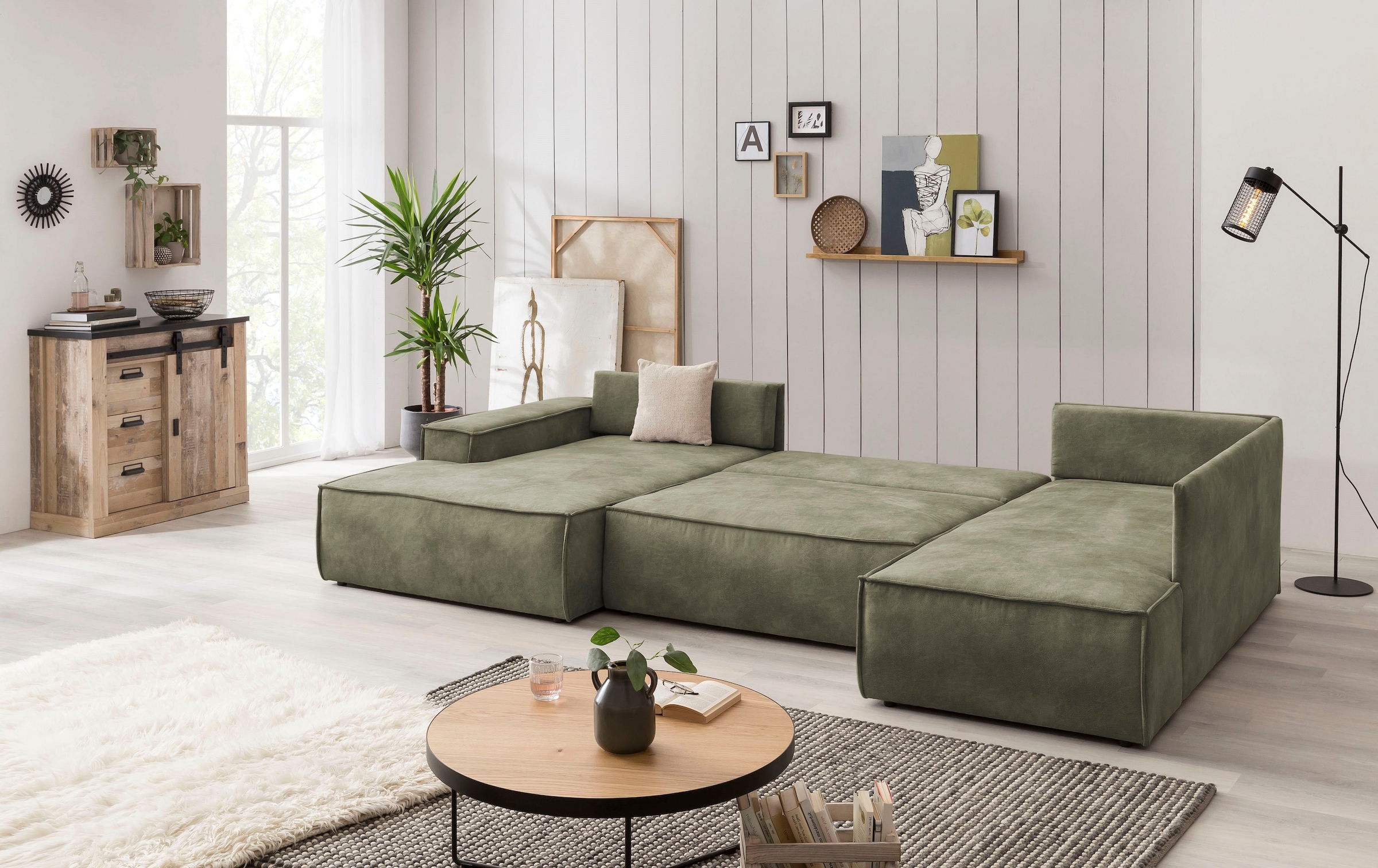 Home affaire Wohnlandschaft »SHERWOOD 329 cm, U-Form, Schlafsofa,«, Schlaffunktion m. Bettkasten (194x139 cm), Cord, Vintage, Samtvelours