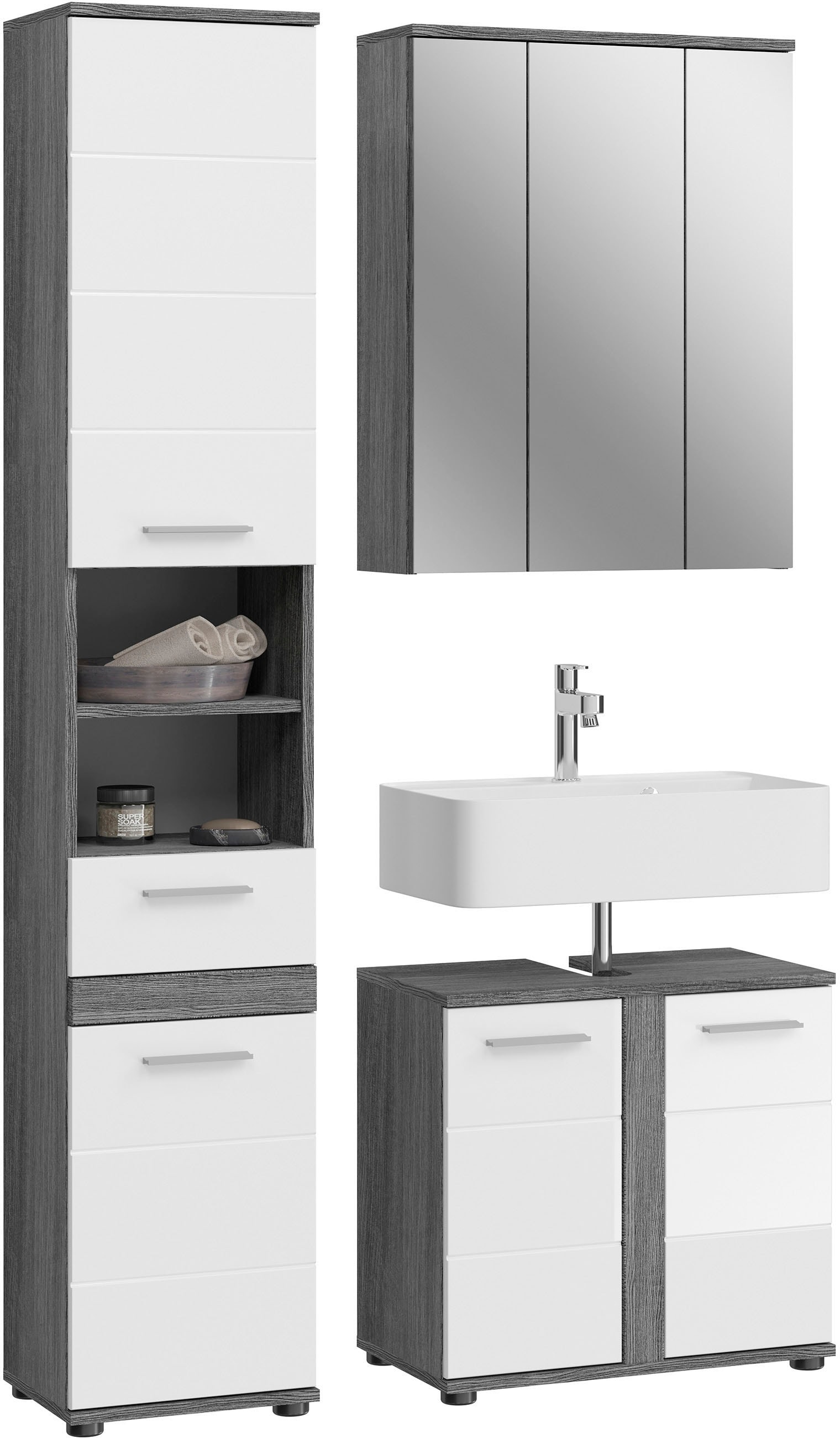 WELLTIME Badmöbel-Set »LUCCA, 3 teilig, TOPSELLER!, MDF Hochglanzfront, bestehend aus:« Set, 3 Stk. tlg. Rauchsilber NB/weiß hochglanz