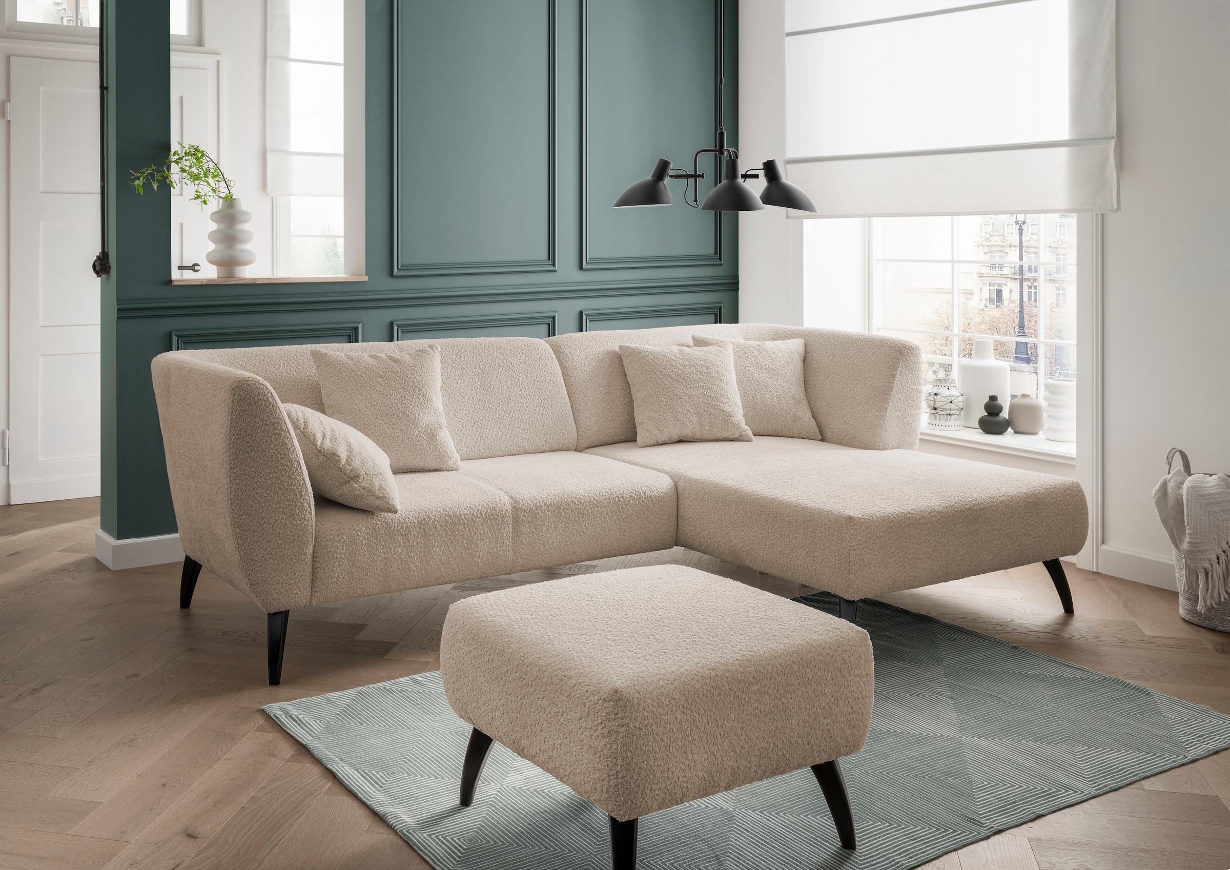 INOSIGN Ecksofa »Colori L-Form«, Holzfußfarbe wählbar, inkl. 4x Zierkissen günstig online kaufen