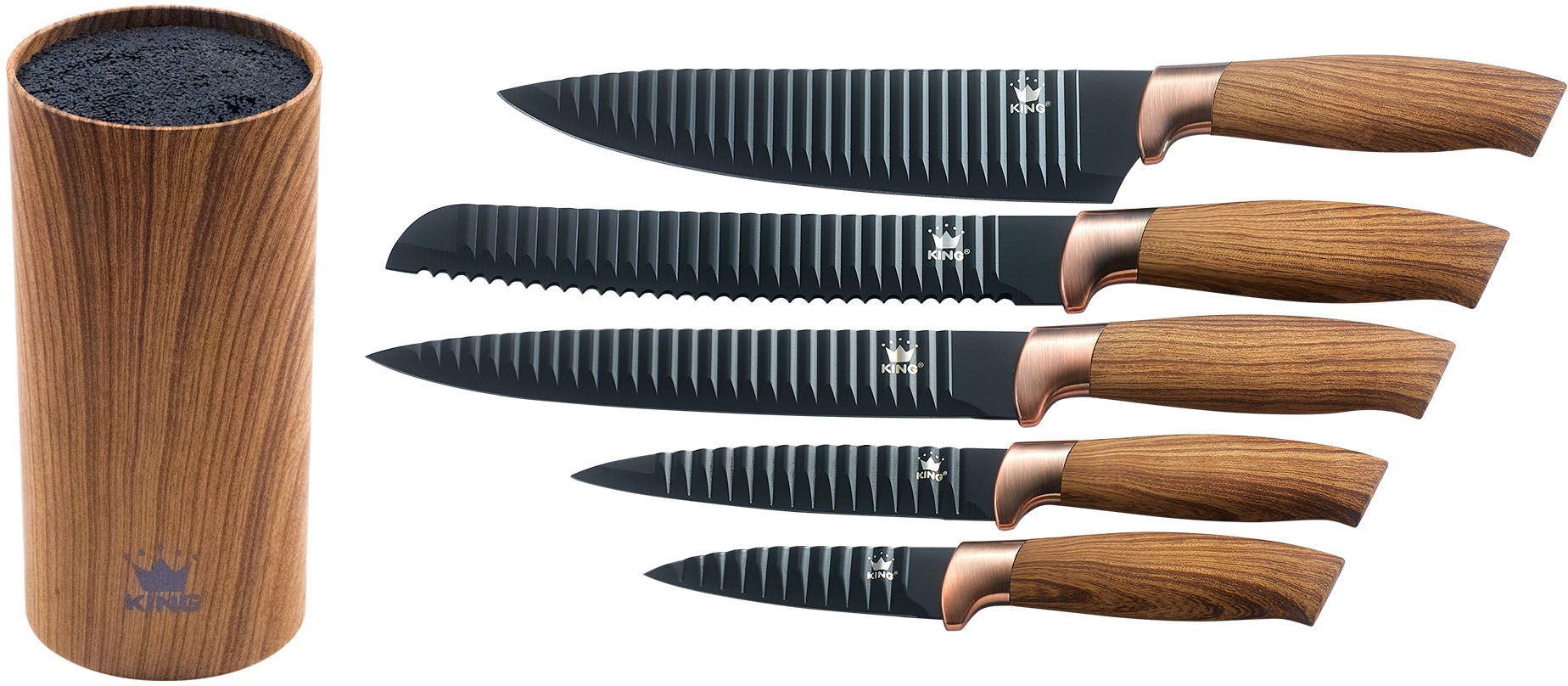 KING Messerblock »Essential«, 6 tlg., Messer mit Wellenschliff, Griffe in Holzoptik, (5 Messer+ Messerblock)