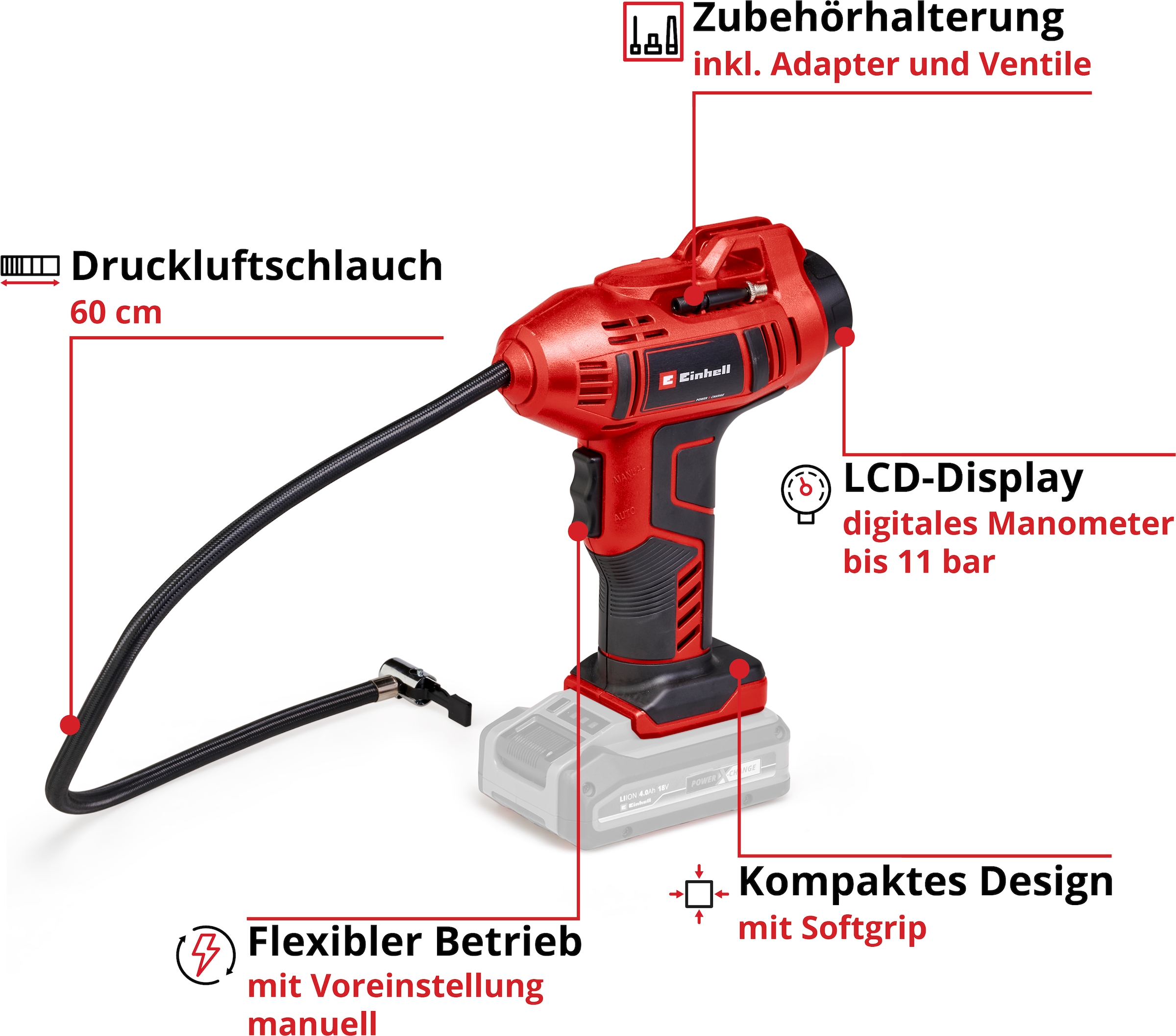 Einhell Akku-Handkompressor »CE-CC 18 Li-Solo«, (Set, 5 tlg.), Inklusive 3-teiligem Adapter-Set, ohne Akku, ohne Ladegerät