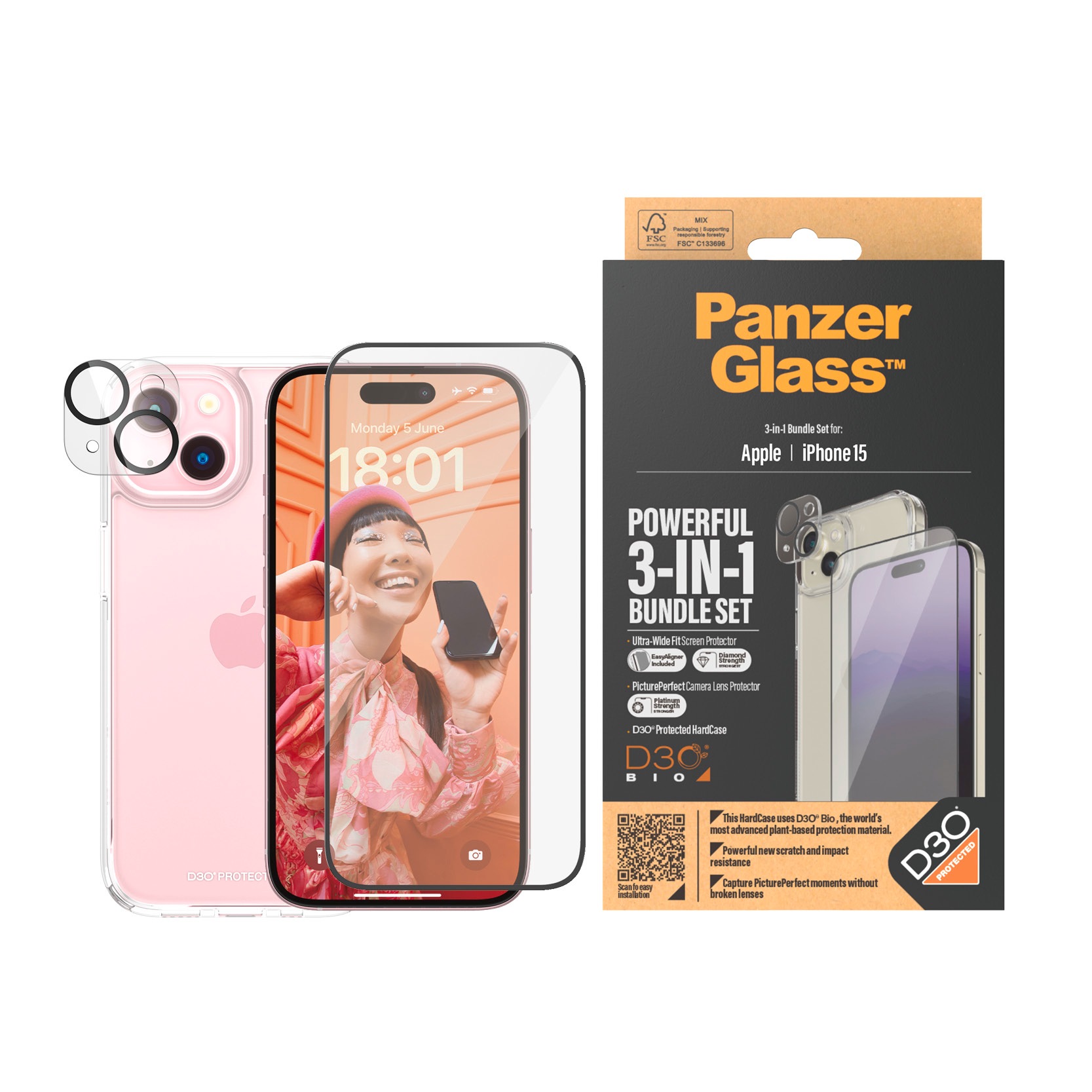 PanzerGlass Displayschutzglas »3-in-1-Pack Screen, Camera Protector und Cover«, für iPhone 15
