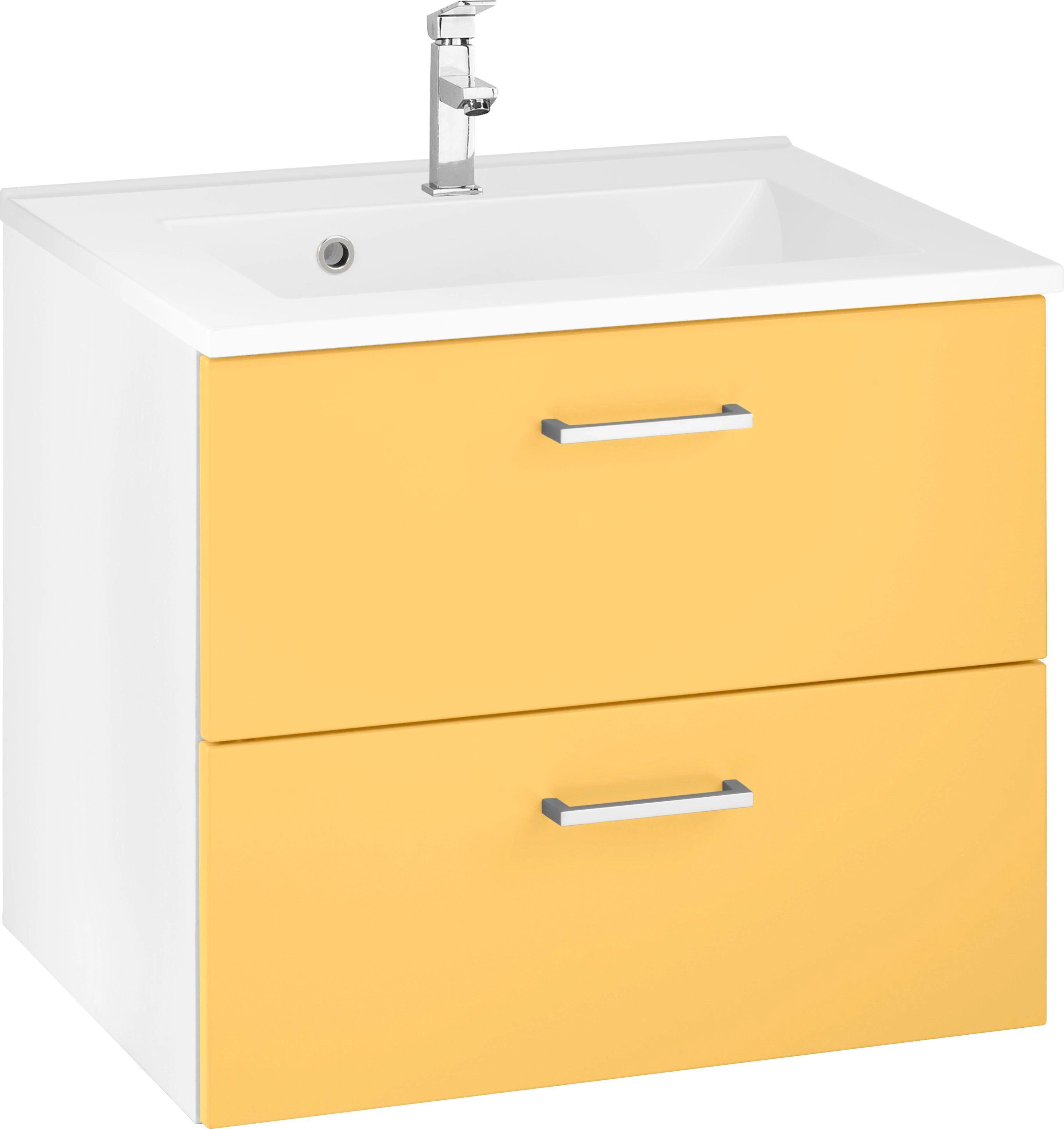 Waschbeckenunterschrank „Ribera“, Bad, Waschtisch inkl. Waschbecken, Breite 60 cm, gelb/gelb/weiß B/H/T: 60 cm x 56 cm x 47 cm