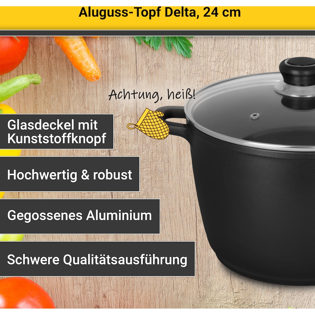 Krüger Fleischtopf »Aluguss Fleischtopf mit Glasdeckel DELTA, 24 cm«, Aluminiumguss, (1 tlg.)