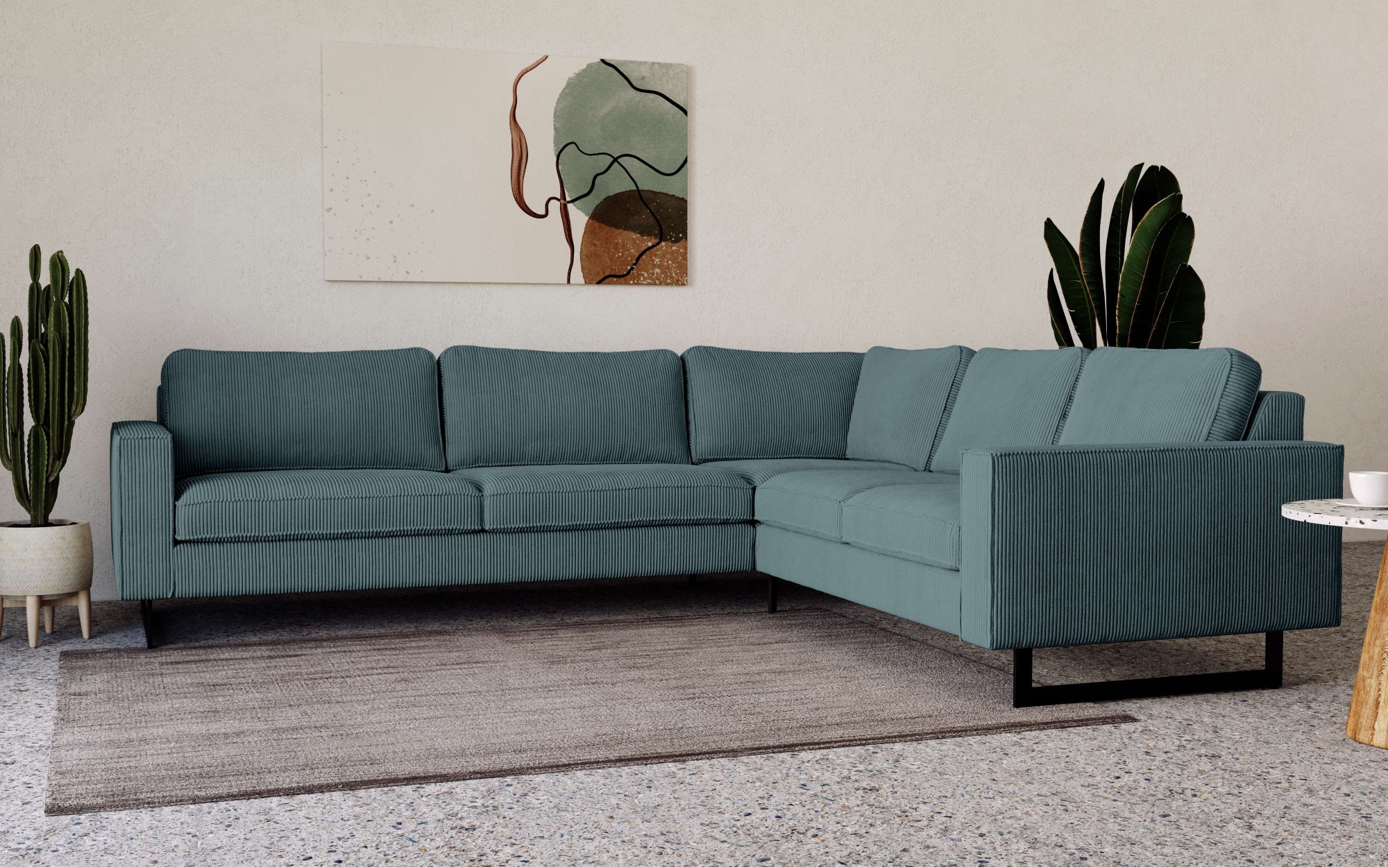Places of Style Ecksofa »Pinto, XXL, 250/290 cm, langer Schenkel, Ottomane«, Cord, Chenille, Lederoptik, mit Keder, Metallfüße, Wellenunterfederung