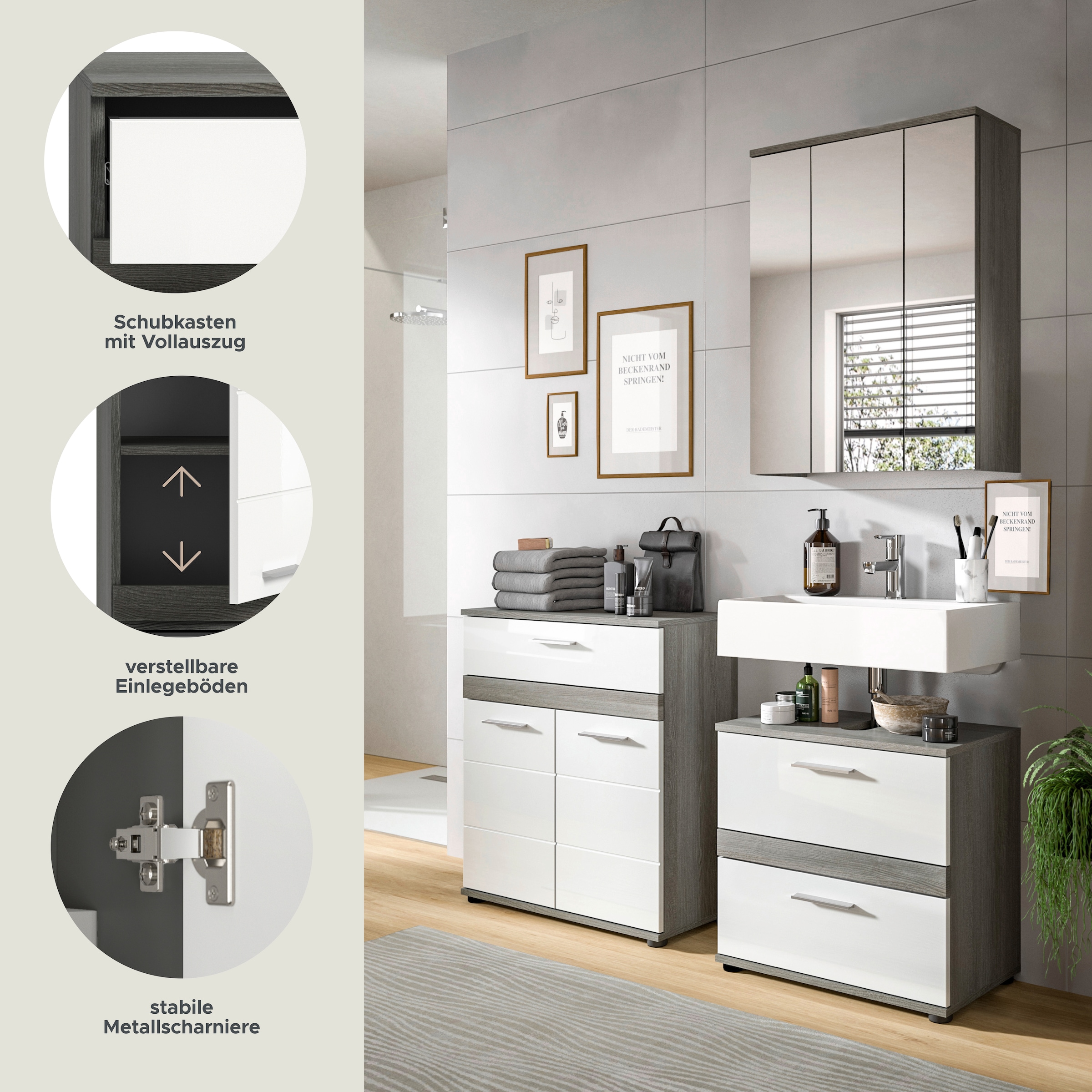 welltime Badmöbel-Set »LUCCA, 3-teilig, TOPSELLER!, hochwertige MDF Front«, (Set, 3 St., best. aus: Waschbeckenunterschrank, Spiegelschrank und Midischrank), Badkombination, Bad-Möbel, Badezimmer, Kombination, Kombi