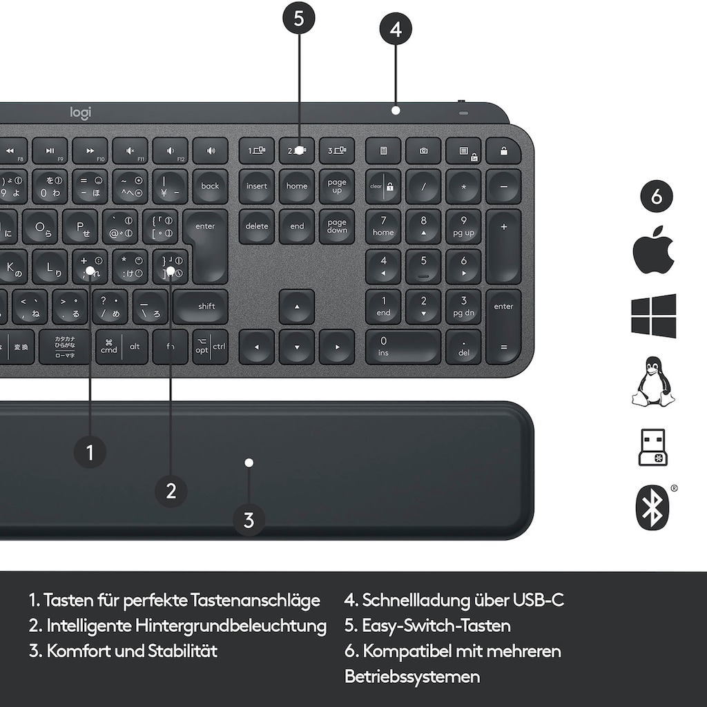 Logitech Tastatur »MX Keys Plus Advanced - GRAPHITE«, (Handgelenkauflage), Nummernblock