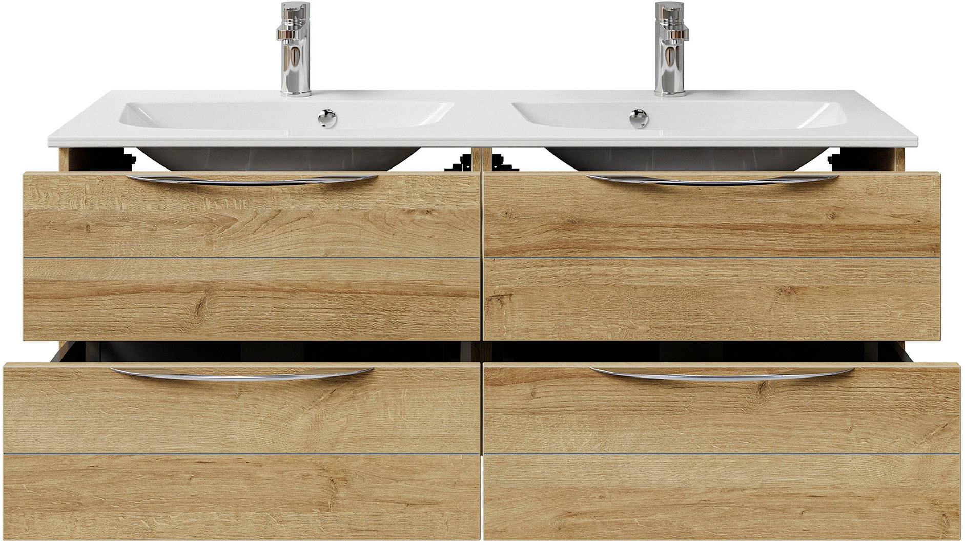 Saphir Badmöbel-Set »Serie 6025 2-teilig Mineralmarmor-Waschtisch mit LED-Spiegelschrank«, (2 St.), Waschplatz 132cm breit, 4 Schubladen, 2 Spiegel-Türen, inkl Türdämpfer