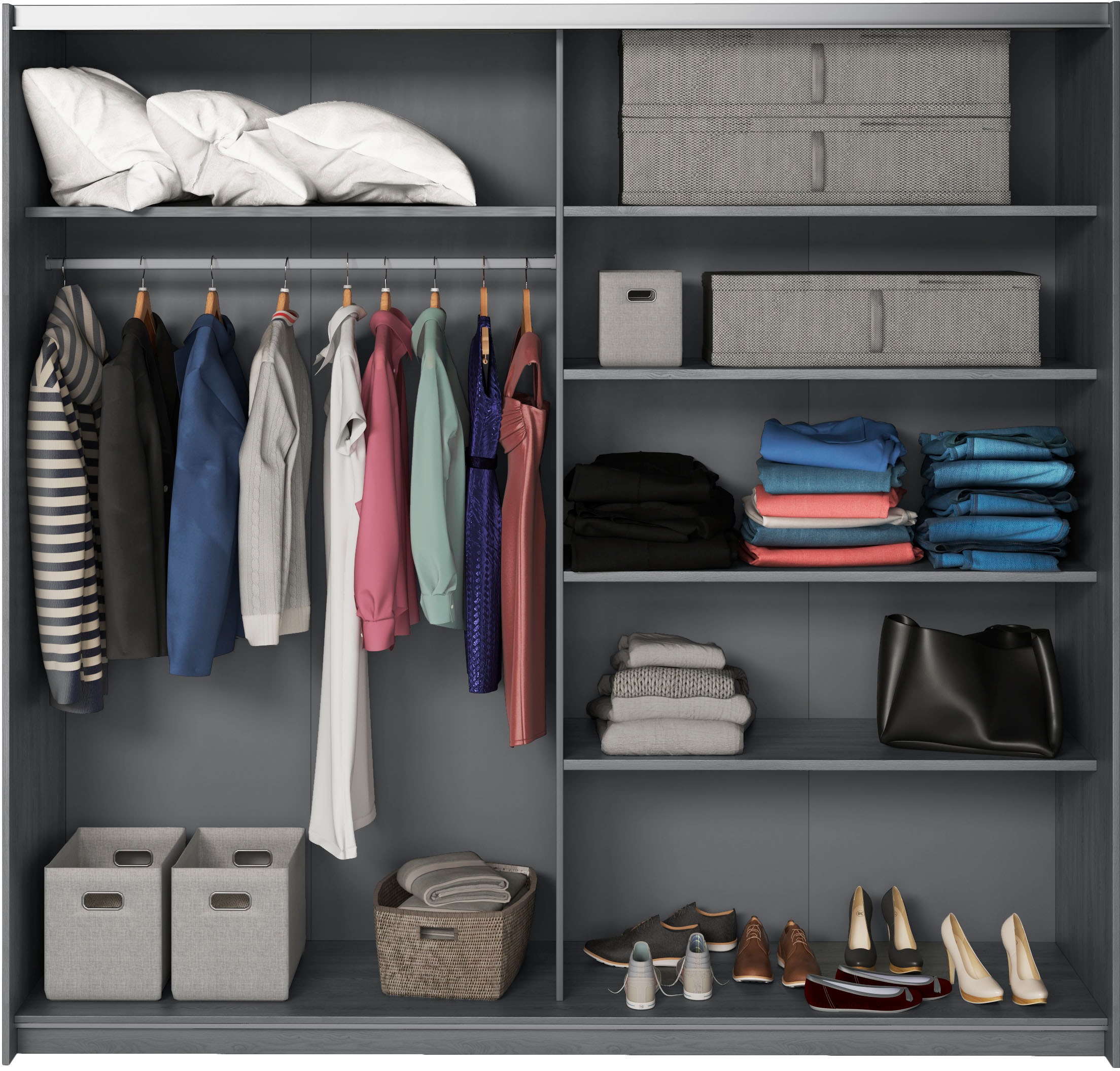 INOSIGN Schwebetürenschrank »Galaxy Kleiderschrank, Wäscheschrank 200, 220 oder 270cm breit«, INKLUSIVE kompletter Innenausstattung, Metallgriffe