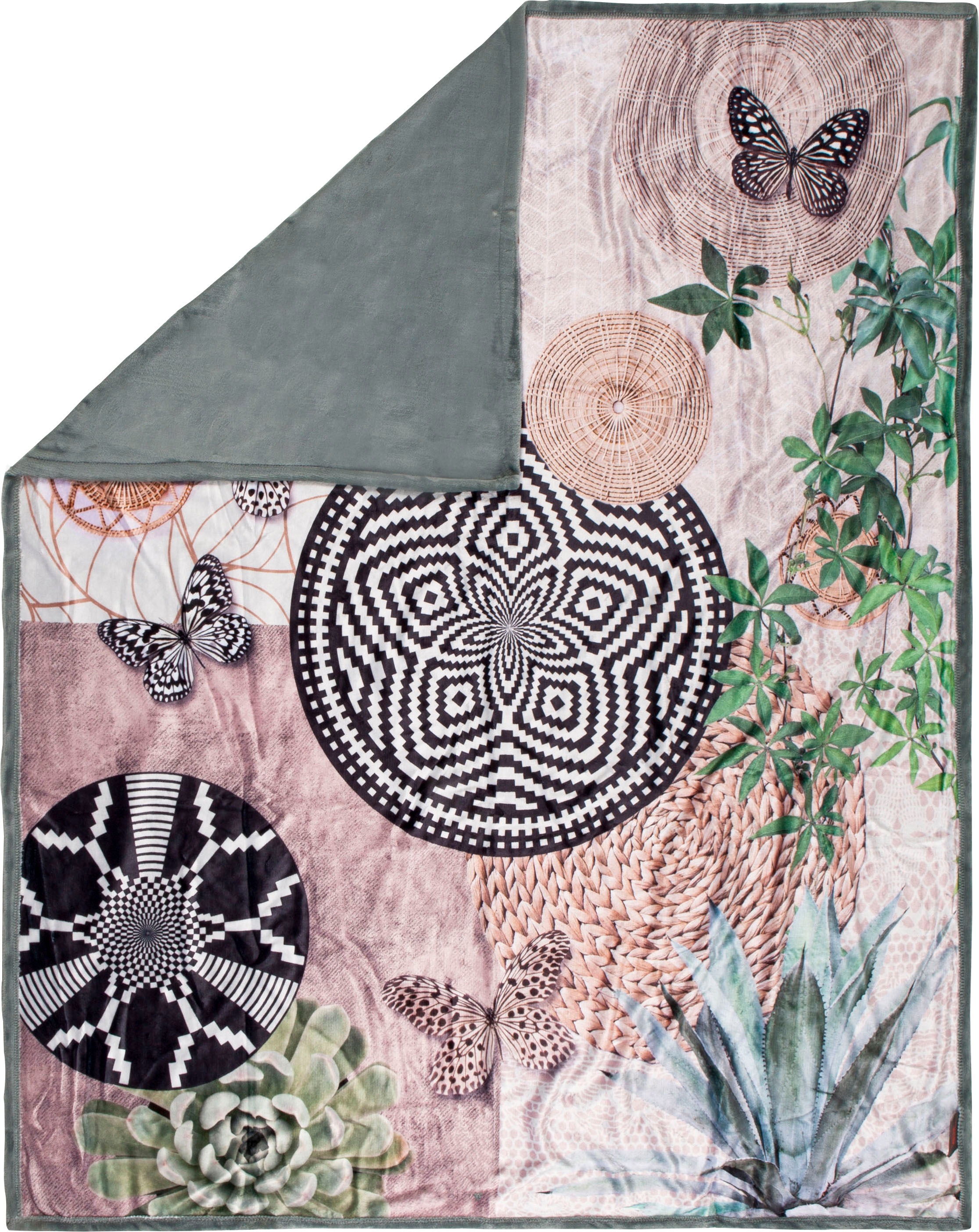 hip Plaid »Skylar«, Sehr Weich, Kuscheldecke, 130x160 cm, Wendeoptik, Mandala, Sand, Grün