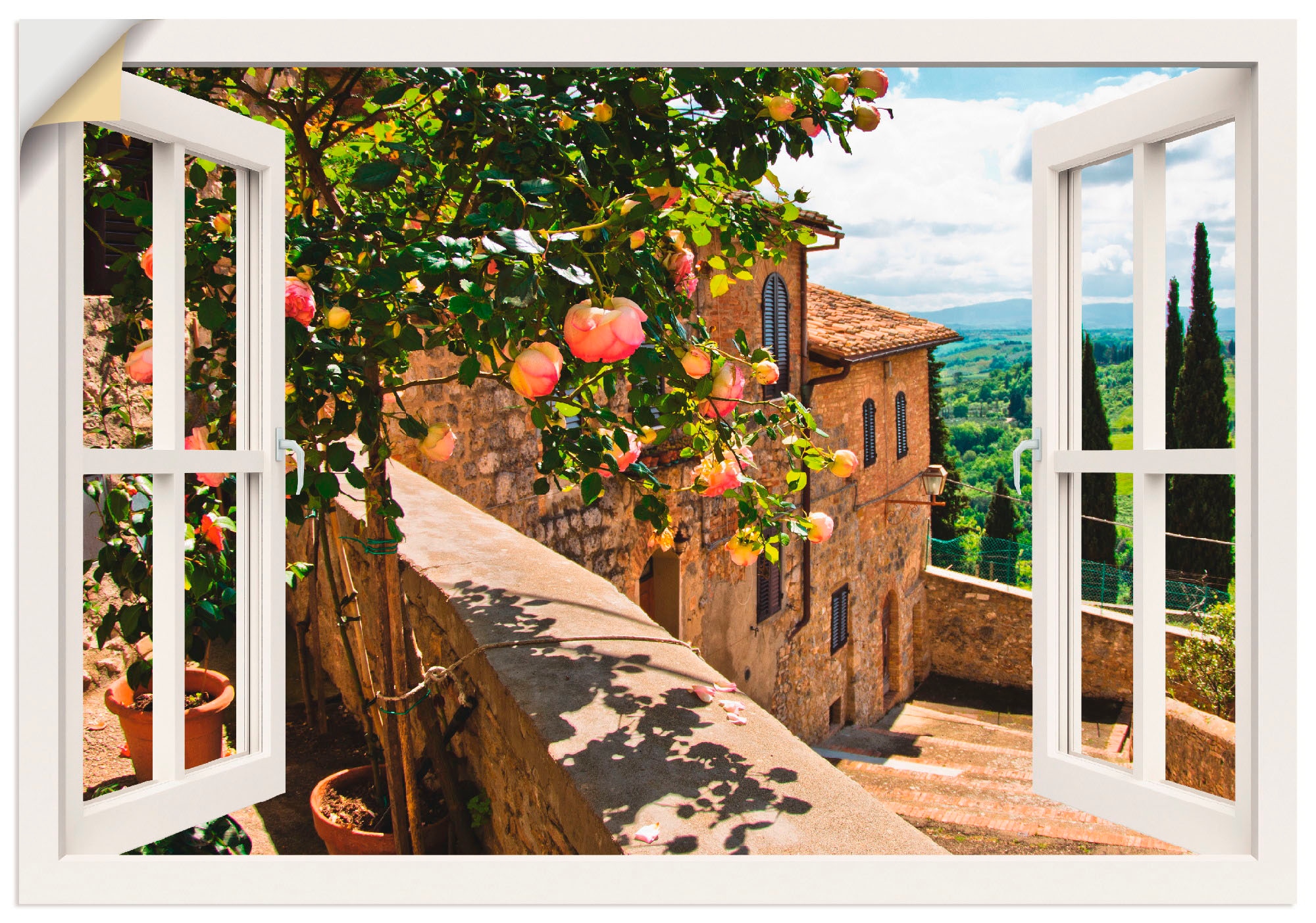 Artland Wandbild »Fensterblick Rosen auf Balkon Toskana«, Garten, (1 St.),  als Alubild, Leinwandbild, Wandaufkleber oder Poster in versch. Größen auf  Rechnung kaufen