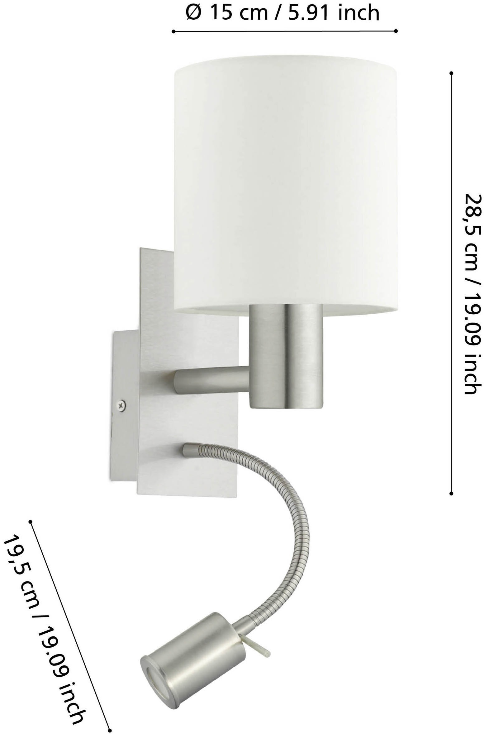 EGLO Wandleuchte »PASTERI Wandlampe - Stahl - E27;LED - 1X40W;1X3,8W - IP20« E27 1 Stk. Warmweiß Wandstrahler, Wandspot, Wohnzimmer, Schlafzimmer, L15 x H38 x AL19,5cm