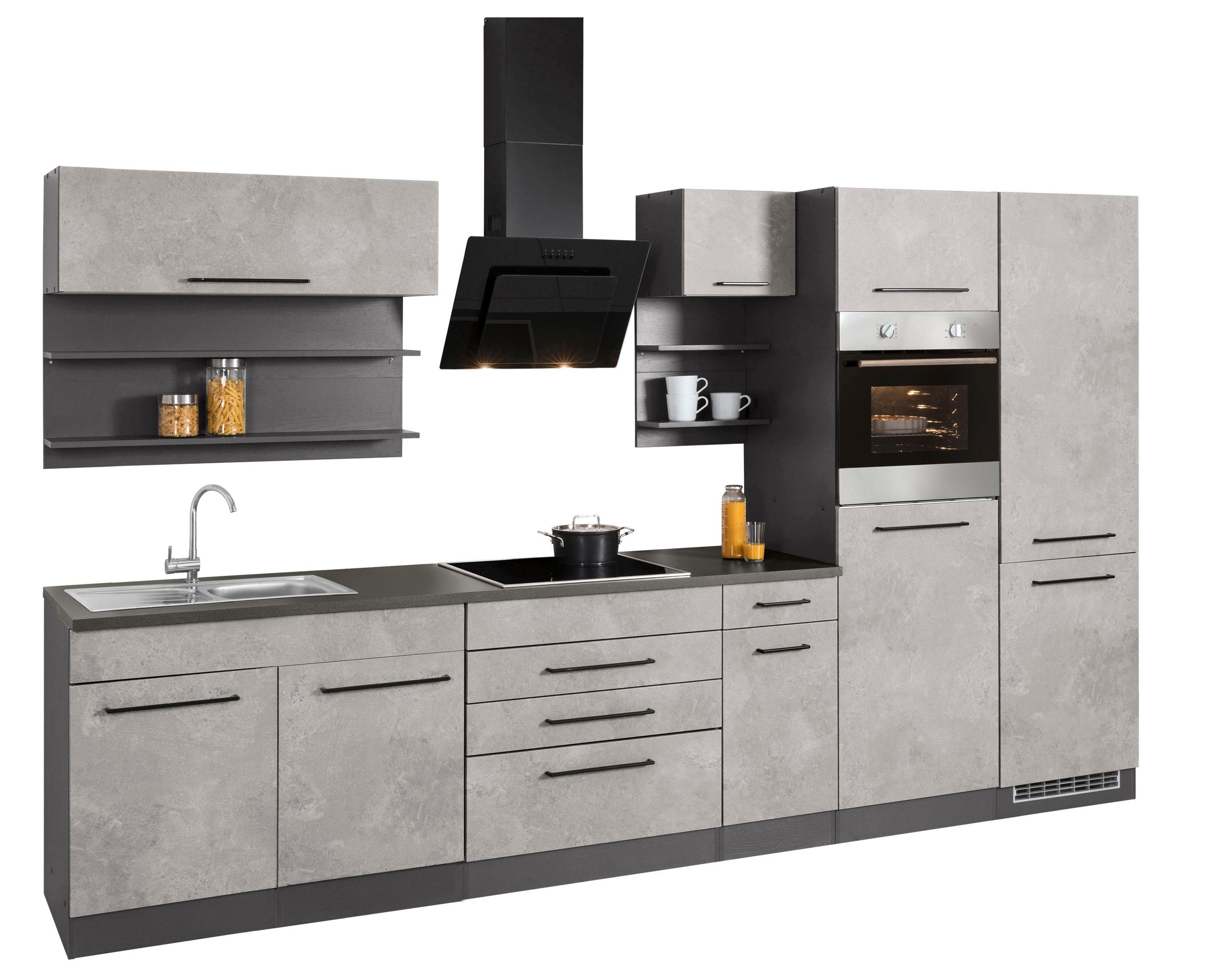 KOCHSTATION Küchenzeile »KS-Tulsa«, mit E-Geräten, Breite 350 cm, schwarze Metallgriffe, MDF Fronten