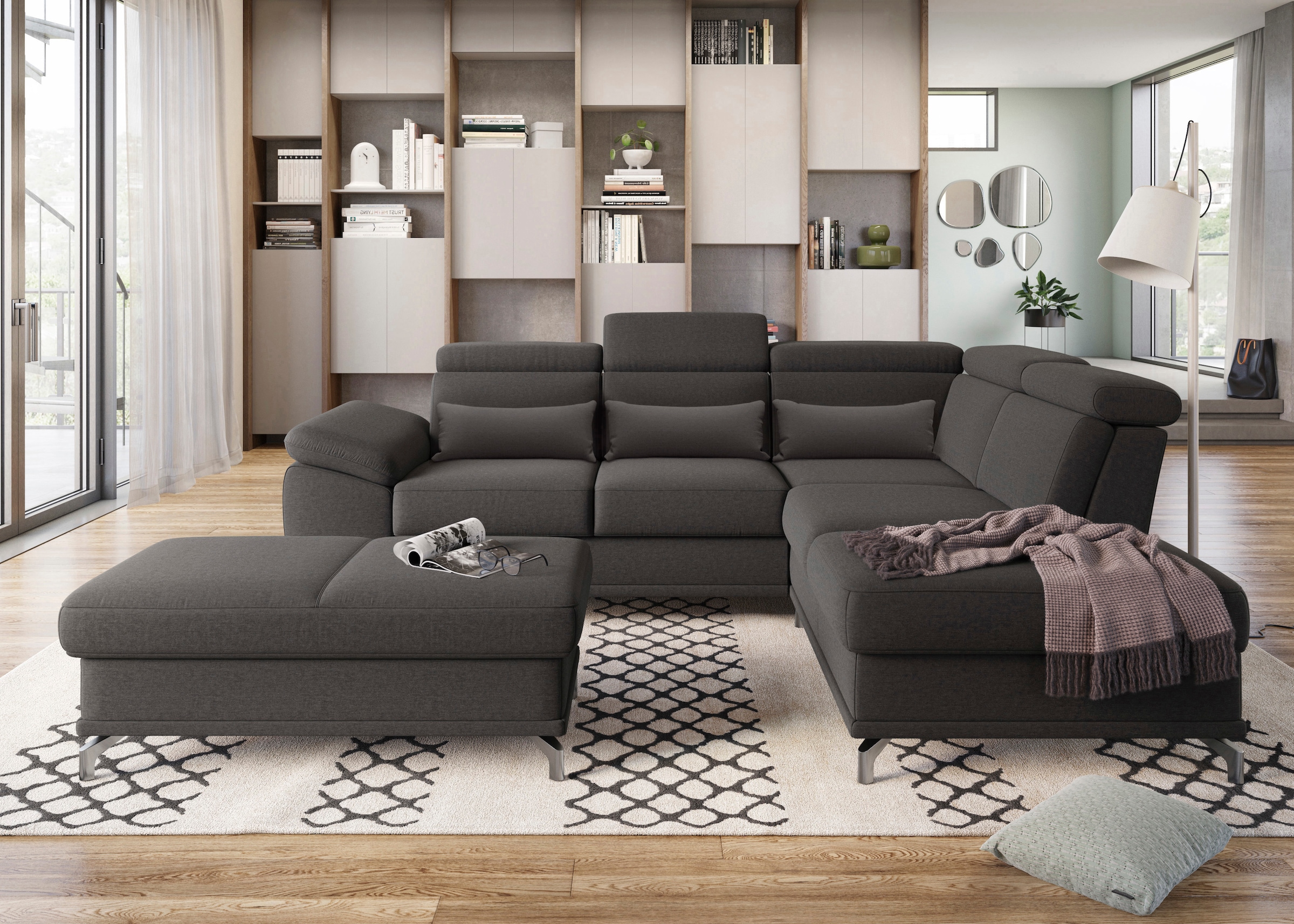 sit&more Ecksofa »Cabrio L-Form, mit Sitztiefenverstellung, Arm- und Kopfteilverstellung«, 3 Nierenkissen, Federkern, optional Bettfunktion und Stauraum