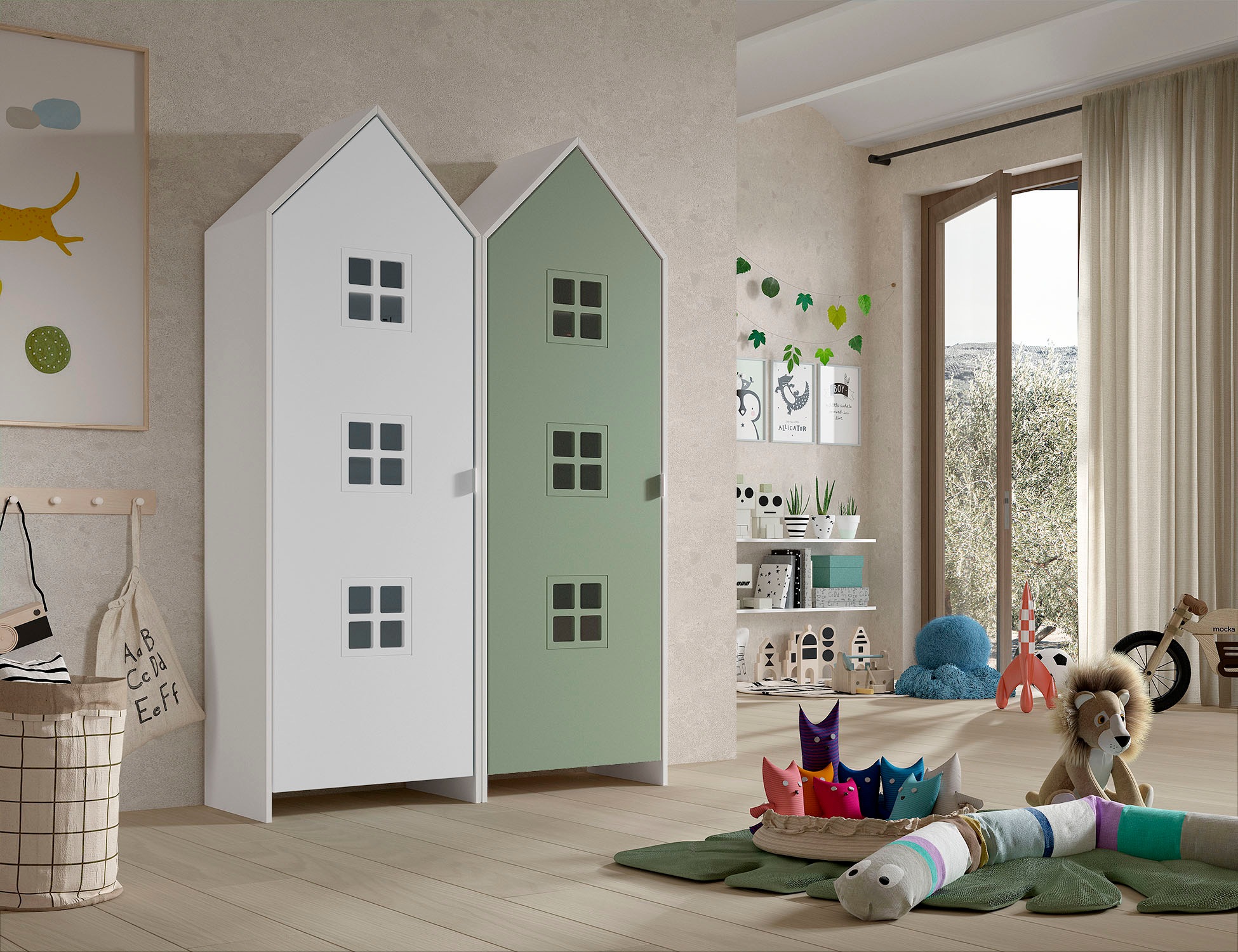 Vipack Kleiderschrank »Set Casami Bruges in trendigem Design, 2 Kleiderschränke« Schranktüren in verschiedenen Farbkombinationen und Fensteranordnungen, 2 Stk. tlg. variable Anordnung, Kleiderschränke mit Böden und Kleiderstange