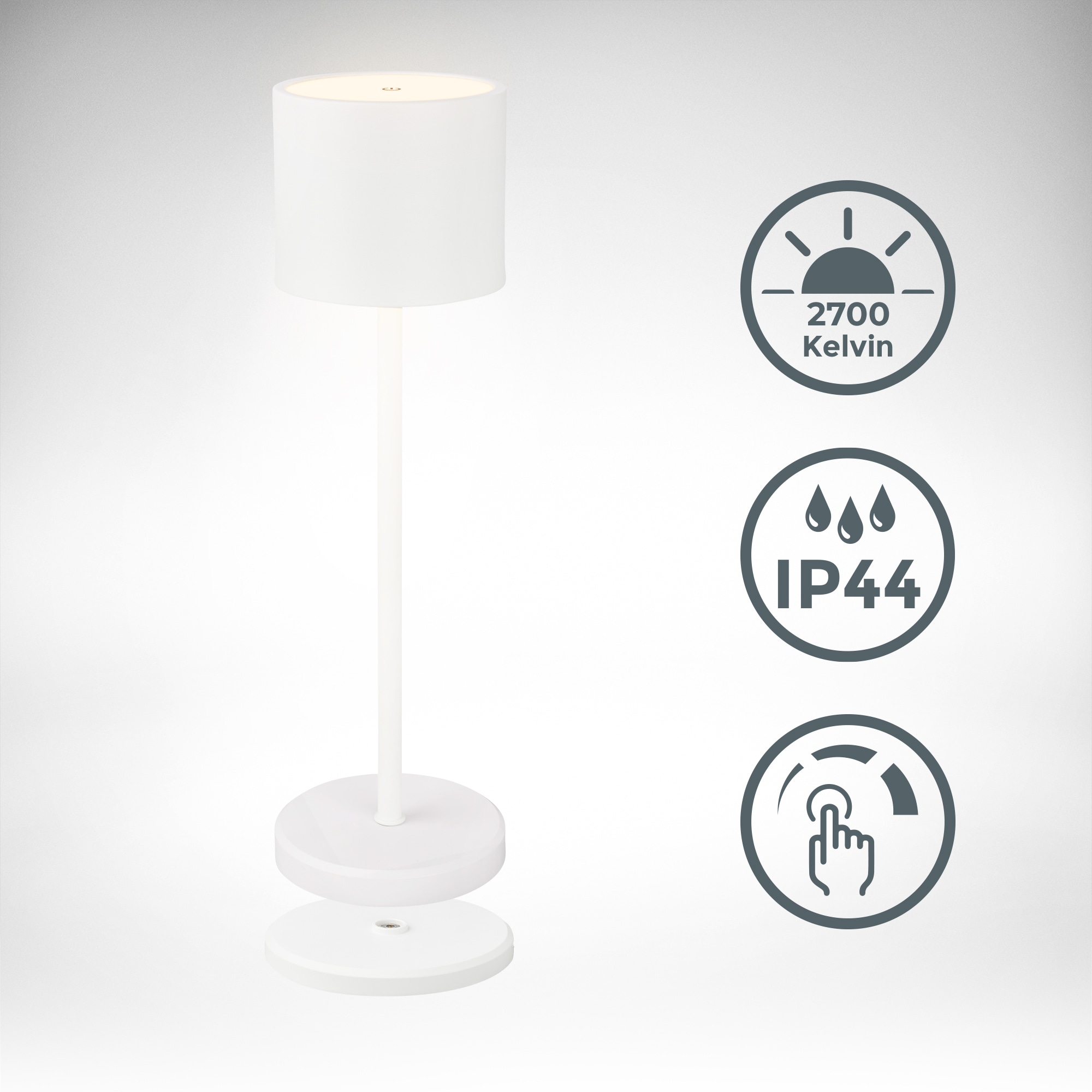 B.K.Licht Außen-Tischleuchte »BK_TL1607 Akku Tischlampe mit Ladestation, 3-Stufen Touchdimmer, IP44«, 1 flammig, Leuchtmittel LED-Modul | LED fest integriert, 3.000 K, 230 Lm, 2,5W, Akku wechselbar, max. 12h Leuchtdauer, Weiß