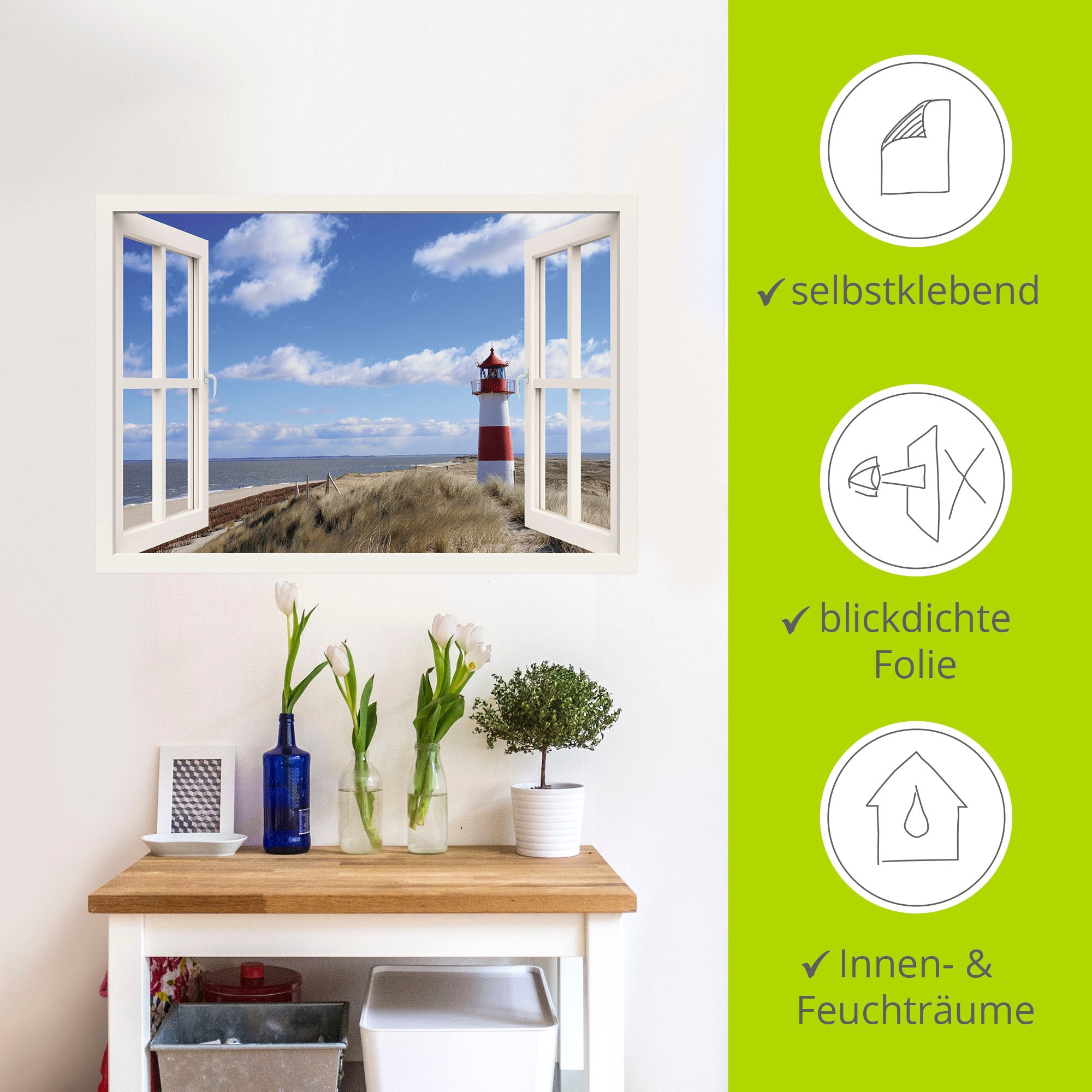 Artland Wandbild »Fensterblick - Leuchtturm Sylt«, Fensterblick, (1 St.), als Leinwandbild, Poster, Wandaufkleber in verschied. Größen