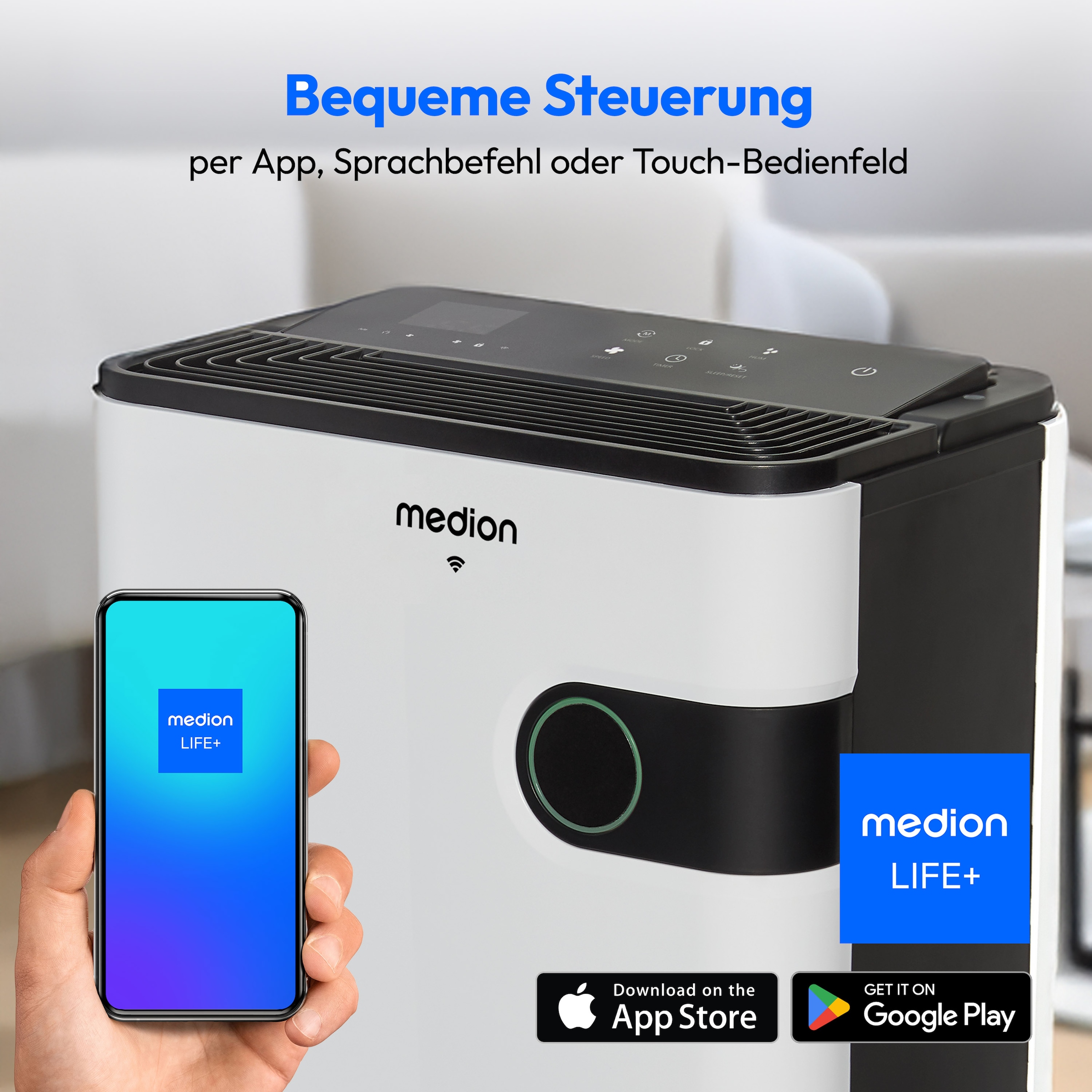Medion® Luftentfeuchter »Smarter Luftentfeuchter (MD12044), für Räume bis zu 40m²«, Entfeuchtung 24 l/Tag, Tank 5 l, Steuerung per App oder Fernbedienung, Volumen Wassertank ca. 5L