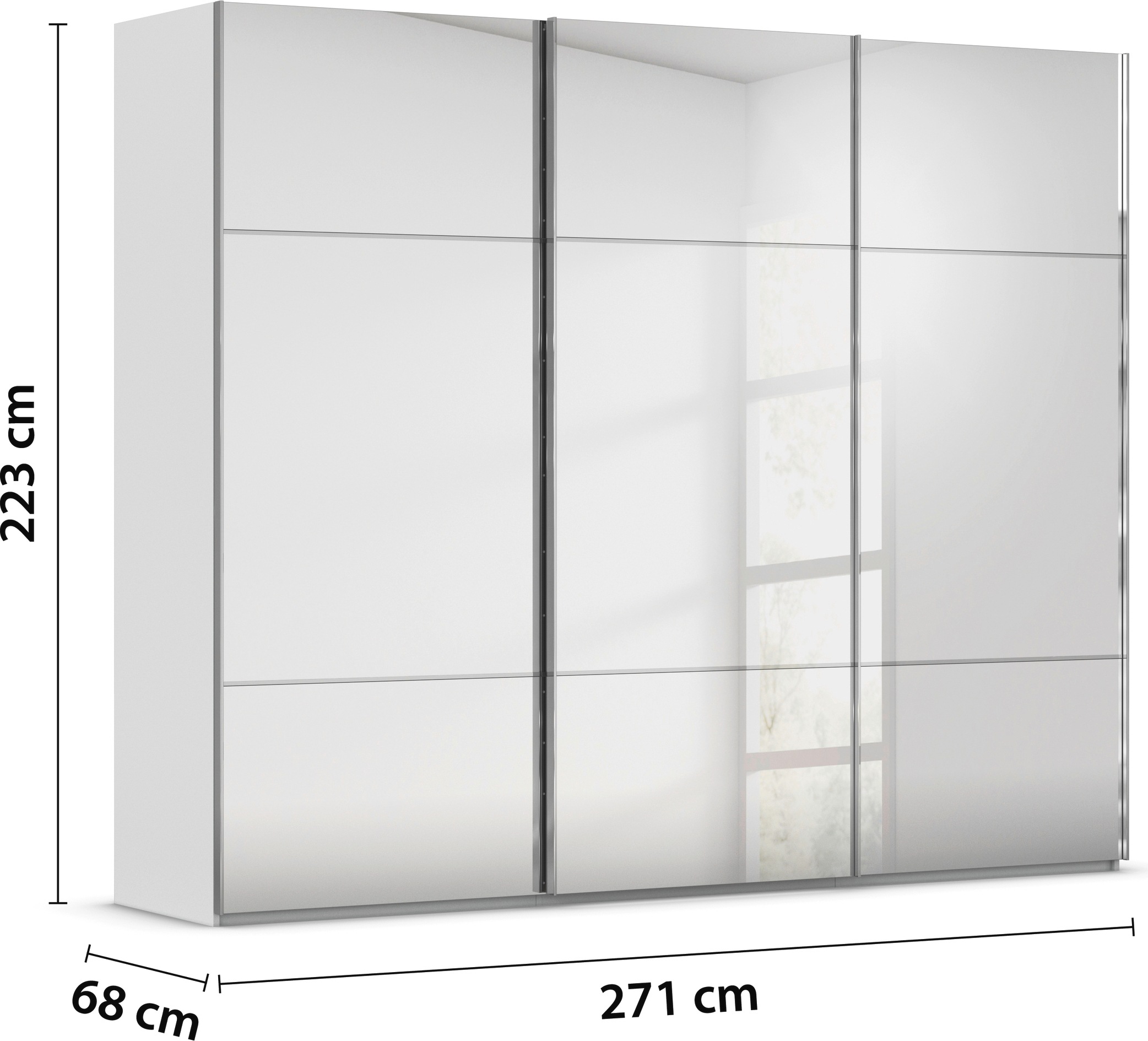 rauch Schwebetürenschrank »Kleiderschrank Schrank Garderobe Schlafzimmerschrank SCALE-TRIO«, edle dreigeteilte Front mit 2 Zierleisten Spiegelfront MADE IN GERMANY