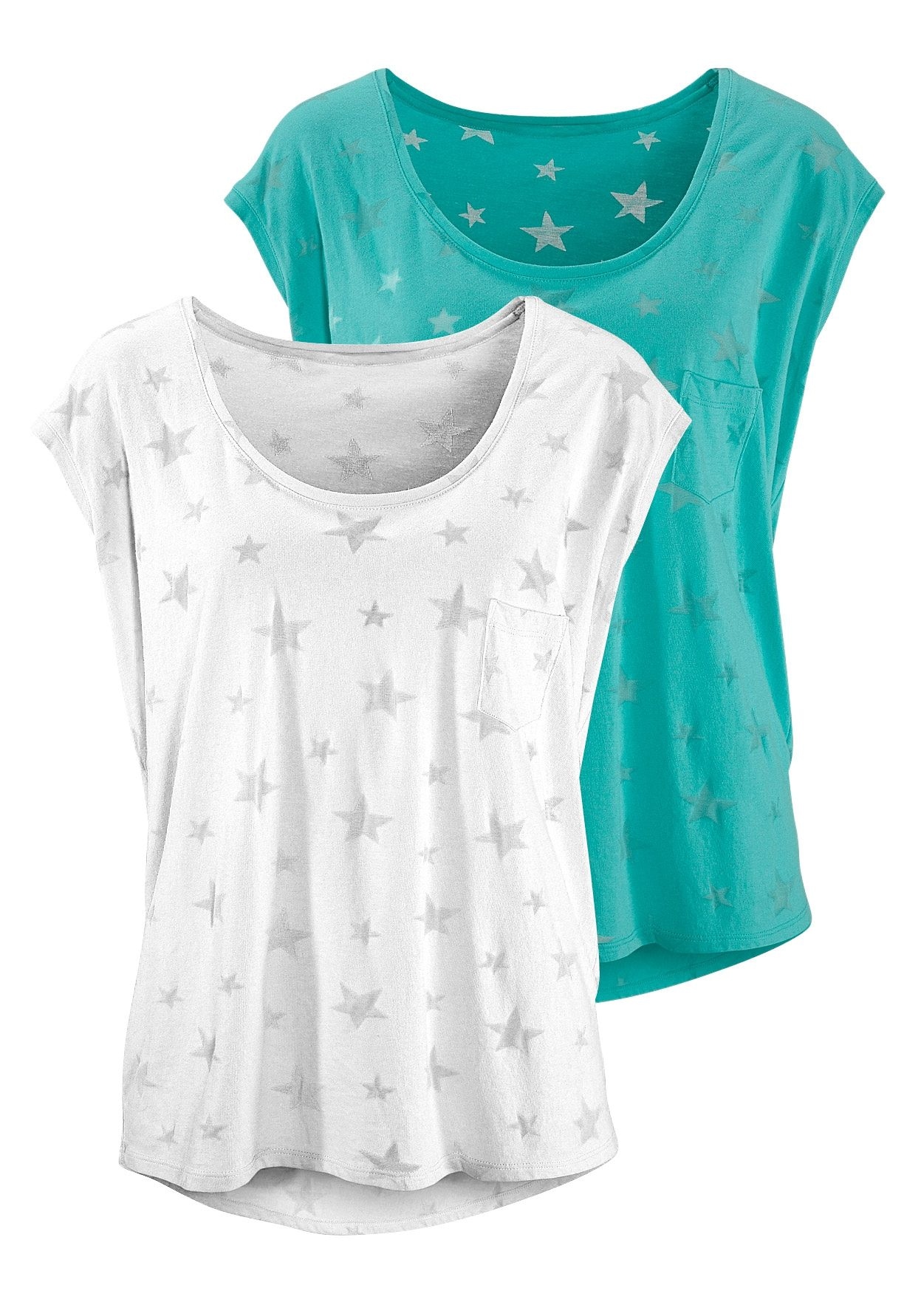 Beachtime Kurzarmshirt »mit leicht transparenten Sternen« 2er-Pack,  aus weicher Ausbrenner-Qualität