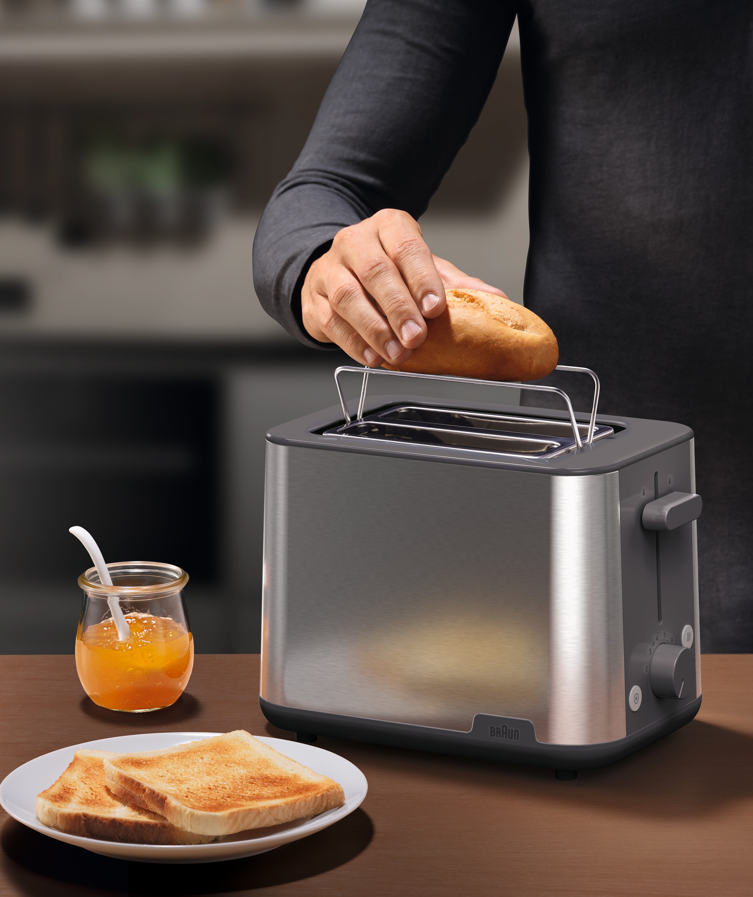 Braun Toaster »PurShine HT 1510 GY - 2 Schlitze, 8 Stufen, Auftau- Aufwärmfunktion«, 900 W, 900 W, Edelstahl, Automatische Abschaltung, Brötchenaufsatz