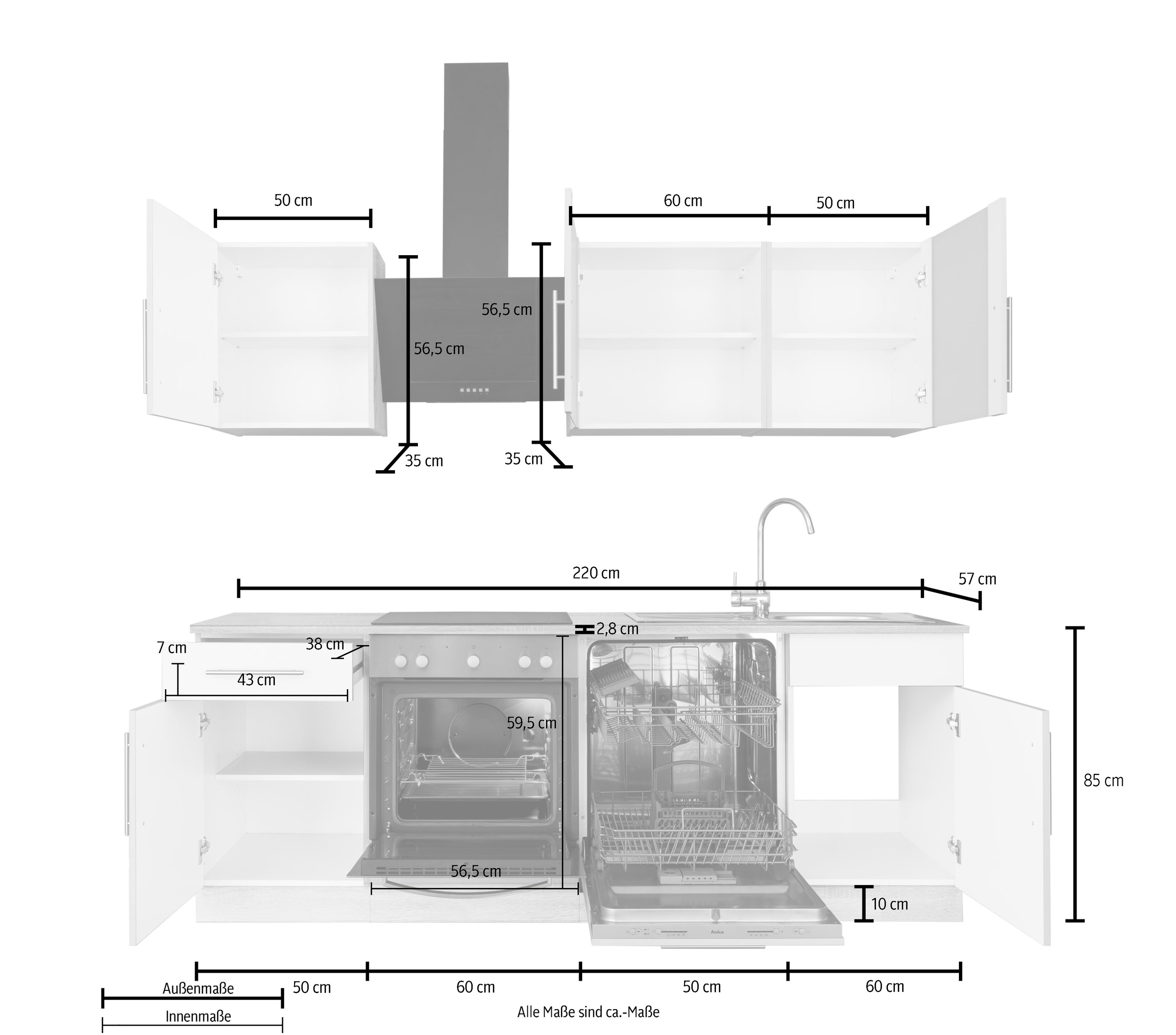 wiho Küchen Küchenzeile »Cali«, mit E-Geräten, Breite 220 cm