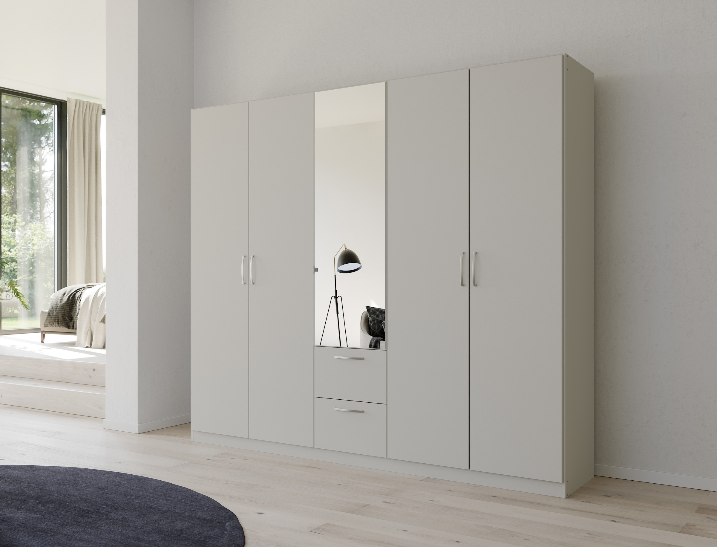 rauch Drehtürenschrank »Kleiderschrank Schrank Garderobe Ankleide PURE BY QUADRA SPIN« Breiten: 181/226/271 cm, Höhe 210 cm,  mit Spiegel, in puristischem Design, Griffe alufarben MADE IN GERMANY