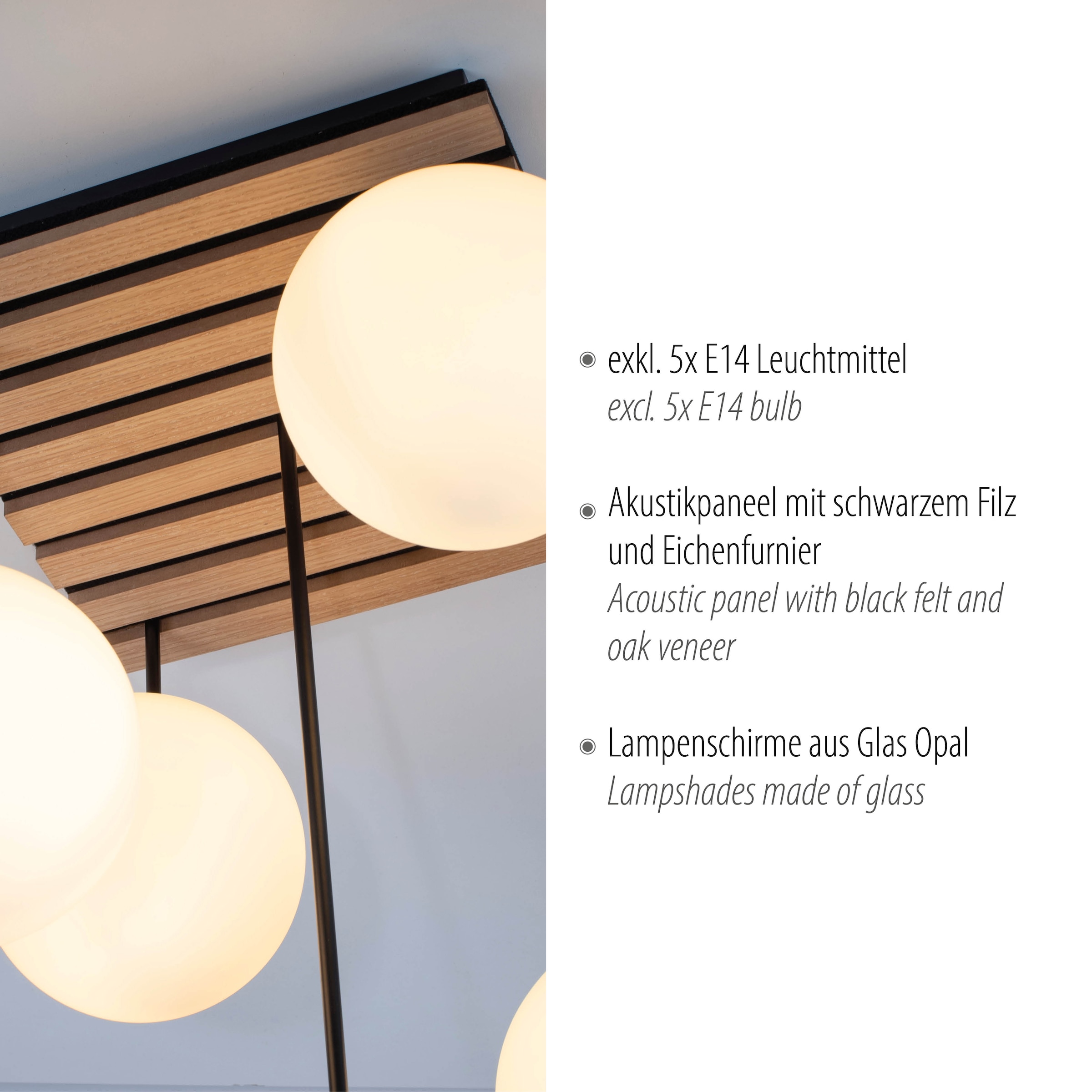 Leonique Deckenleuchte »Erinette Akustikpaneele mit Glaskugeln«, 5 flammig, Leuchtmittel E14 | ohne Leuchtmittel-Leuchtmittel wechselbar, Holz, Akustik, Paneele, Glas, Deckenlampe E14