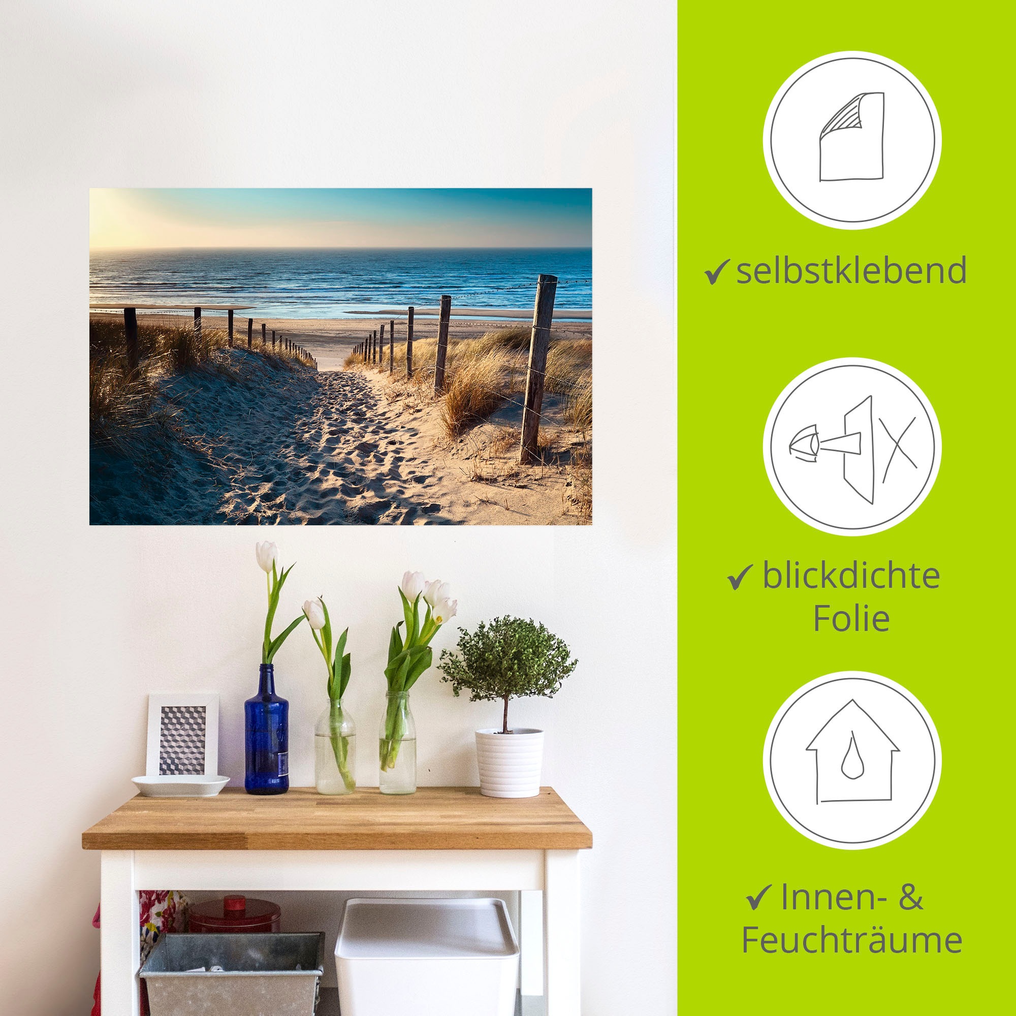 Artland Wandbild »Weg zum Nordseestrand Sonnenuntergang«, Strand, (1 St.), als Alubild, Outdoorbild, Leinwandbild, Poster, Wandaufkleber