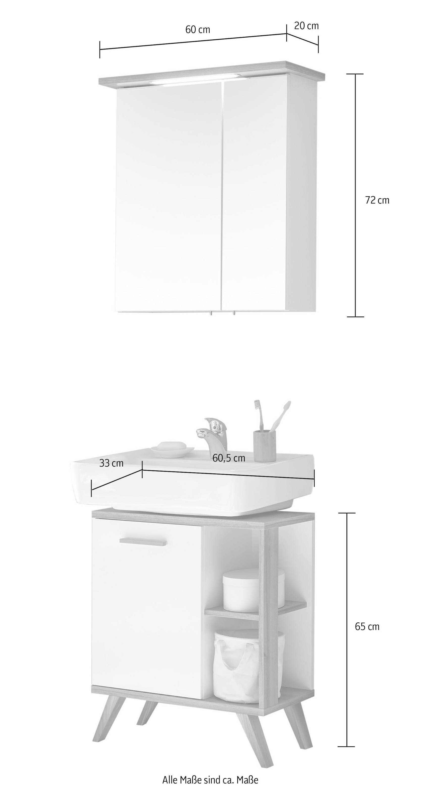 Saphir Badmöbel-Set »Quickset 2-teilig, Waschbeckenunterschrank mit LED-Spiegelschrank«, (2 St.), Waschplatz inkl Türdämpfer, 3 Türen, 2 Einlegeböden, setiliche Ablagen