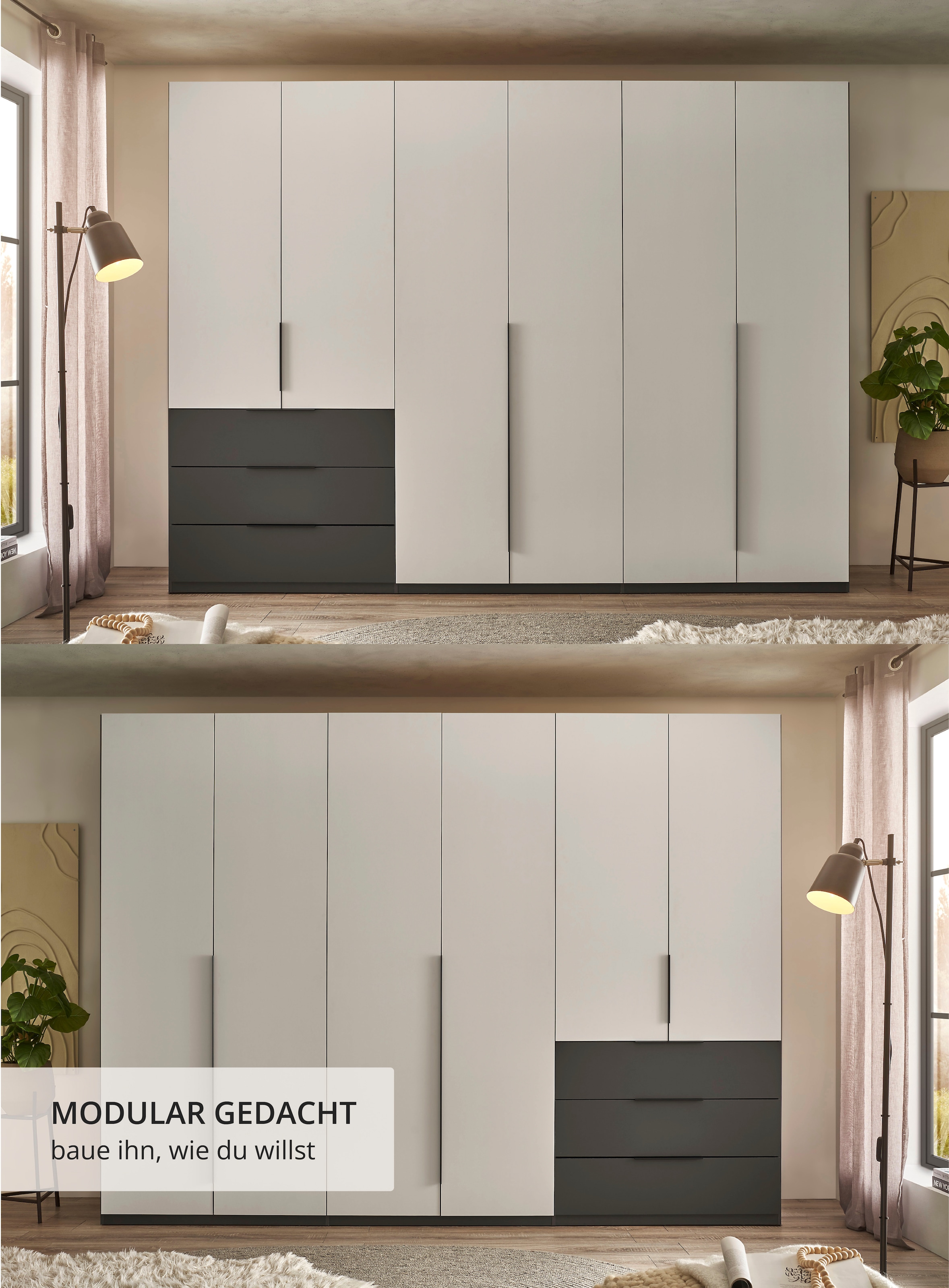 Schlafkontor Drehtürenschrank »Nuka 3m Kleiderschrank, Schrank mit 3 Schubkästen« mit farblicher Graphitabsetzung und Soft-Close-Funktion