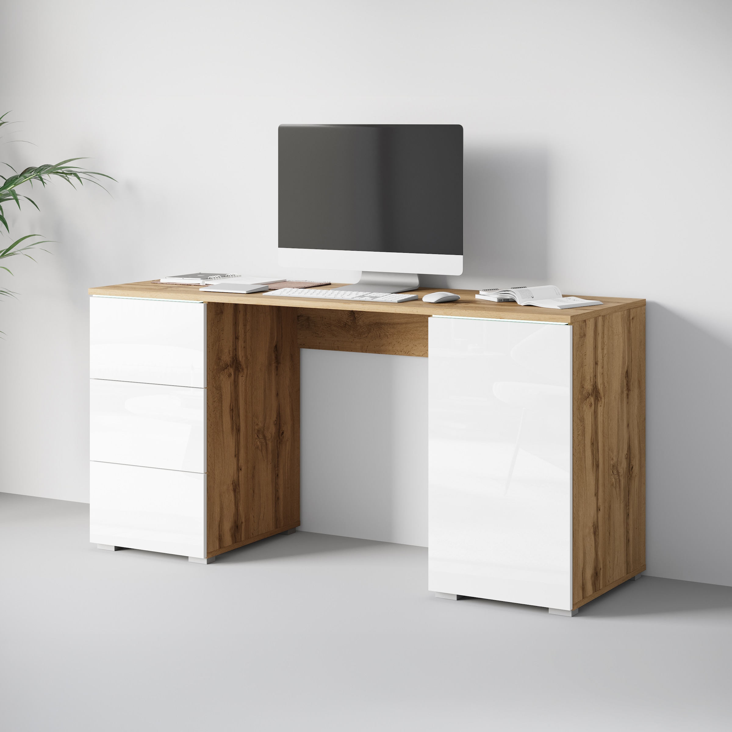 INOSIGN Schreibtisch »Vera«, (1 St.), Bürotisch mit LED, Push-to-Open, 3 Schubladen & Stauraum