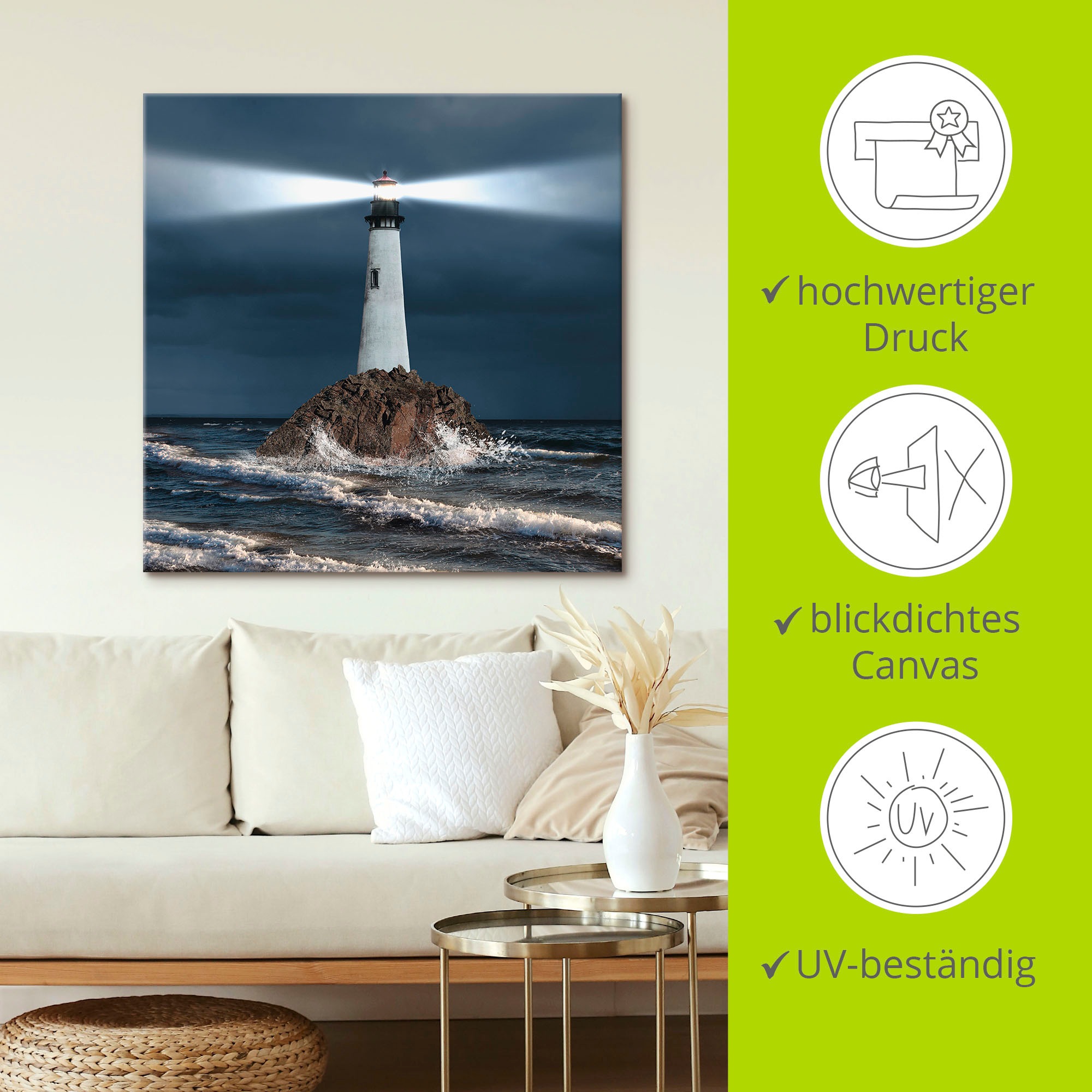 Artland Wandbild »Bild von Leuchtturm mit Lichtstrahl«, Gebäude, (1 St.), als Alubild, Outdoorbild, Leinwandbild, Poster, Wandaufkleber