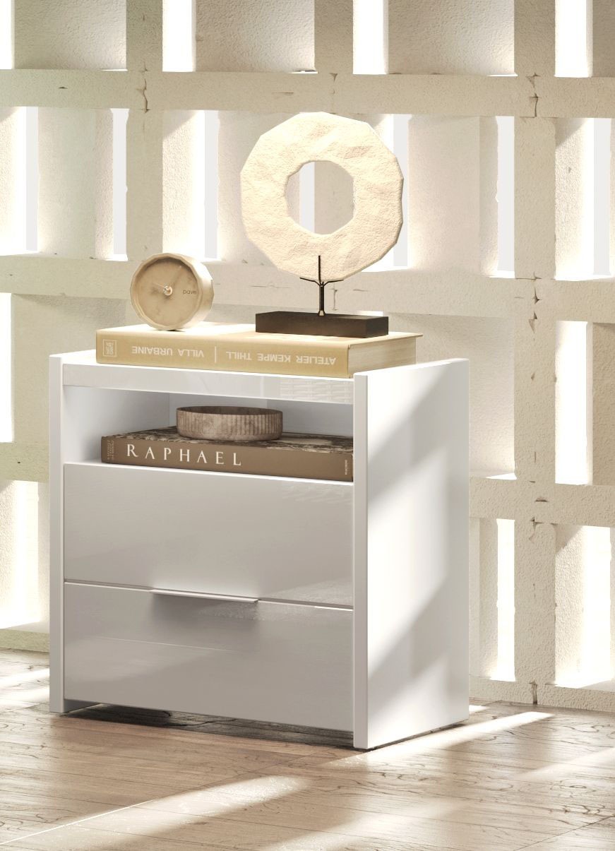 INOSIGN Nachtkommode »Malmo, Nachtschrank 2er Set, B/T/H 52/40/58 cm, mit 2 Schubkästen,«, (Set, 2 Nachtkommoden), offene Ablage, Top 22 mm stark, Metallgriff, Weiss Hochglanz Lack