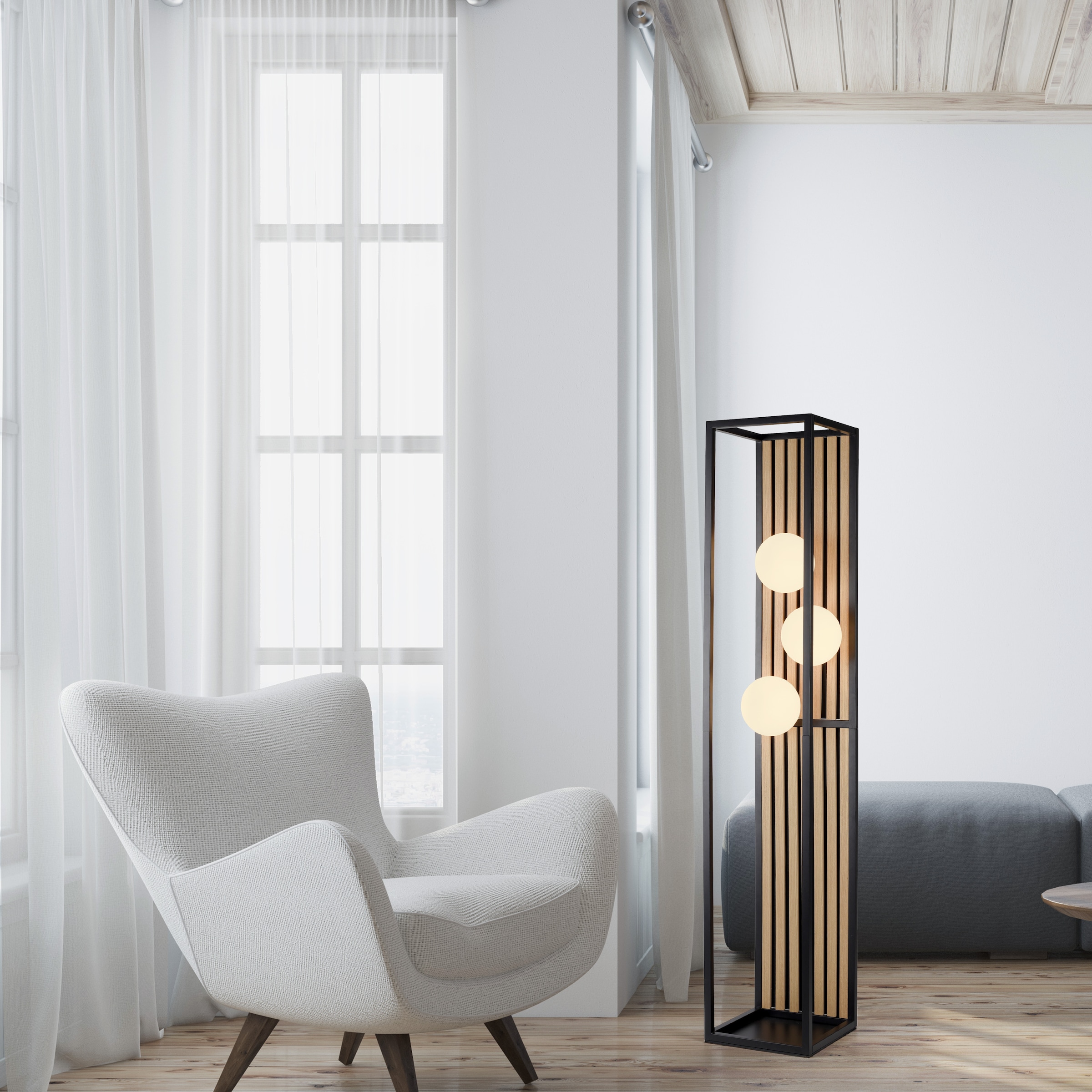 Leonique Stehlampe »Erinette Akustikpaneele mit Glaskugeln«, 3 flammig, Leuchtmittel E14 | ohne Leuchtmittel-Leuchtmittel wechselbar, Holz, Akustik, Paneele, Glas, opal matt weiß, Stehleuchte, Fußschalter