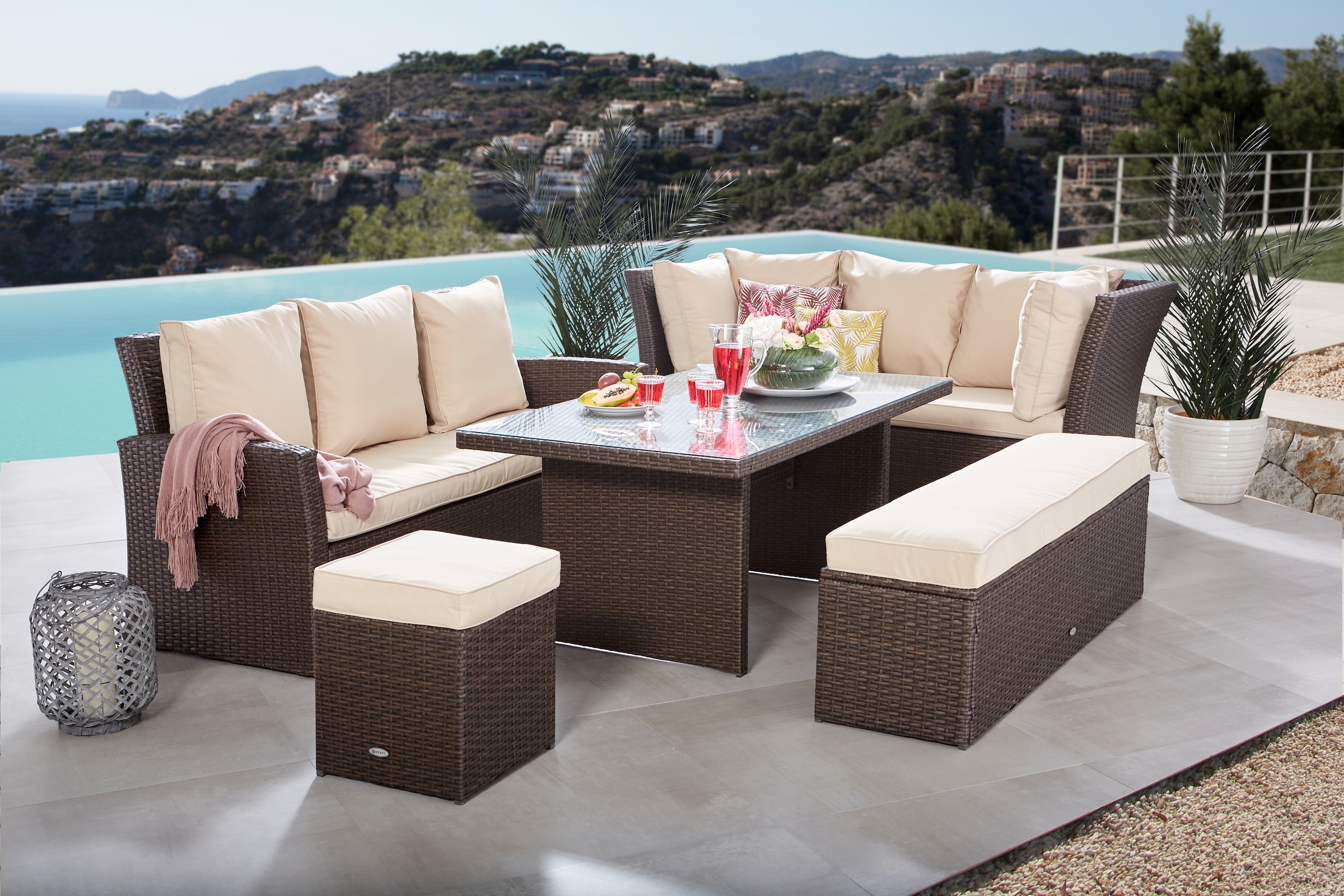 MERXX Gartenlounge-Set »Barcelona«, (5 tlg.), 2 Sofas, Sitzbank, Hocker, Tisch