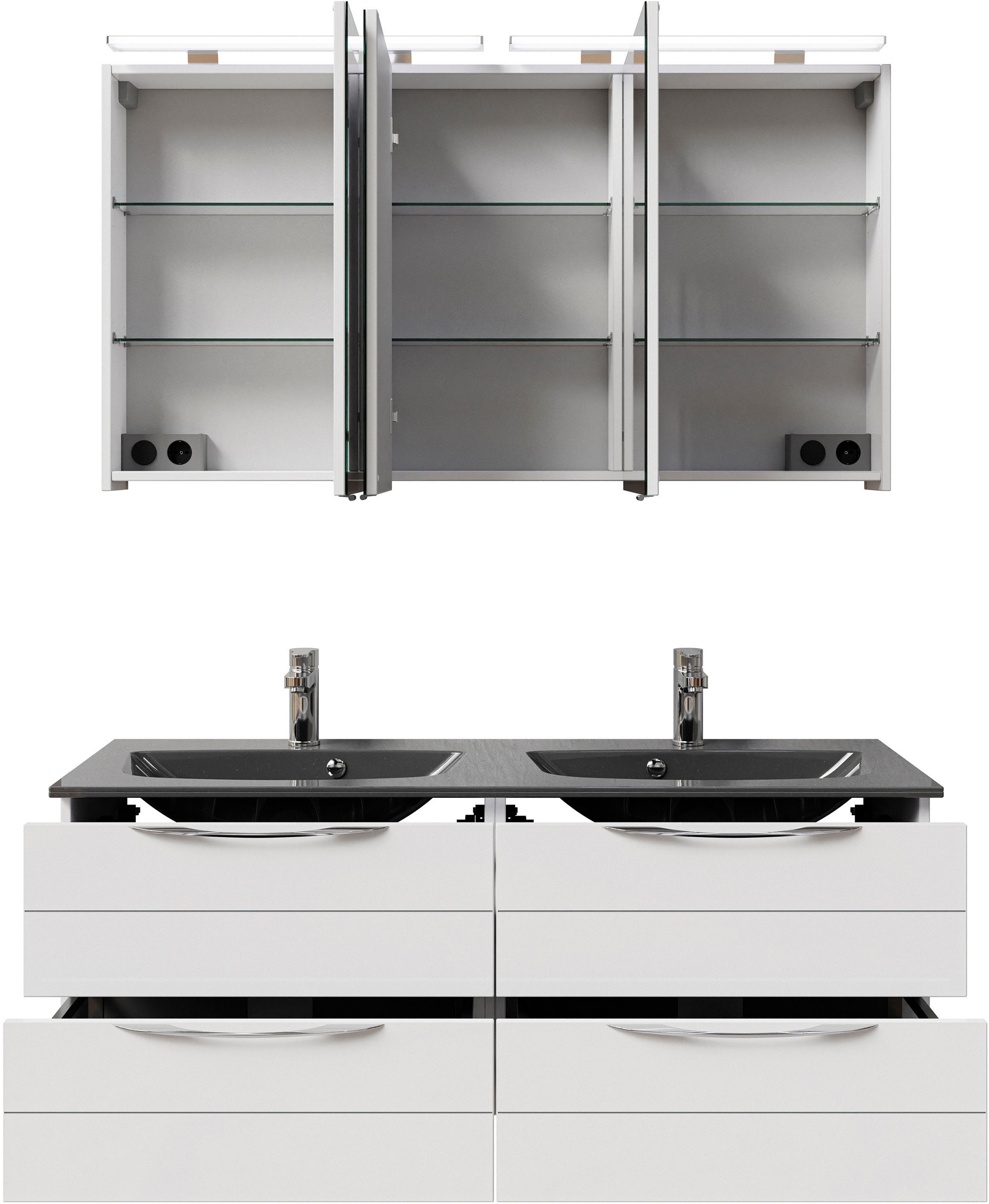 Saphir Badmöbel-Set »Serie 6025 2-teilig Mineralmarmor-Waschtisch mit LED-Spiegelschrank«, (2 St.), Waschplatz 132cm breit, 4 Schubladen, 2 Spiegel-Türen, inkl Türdämpfer
