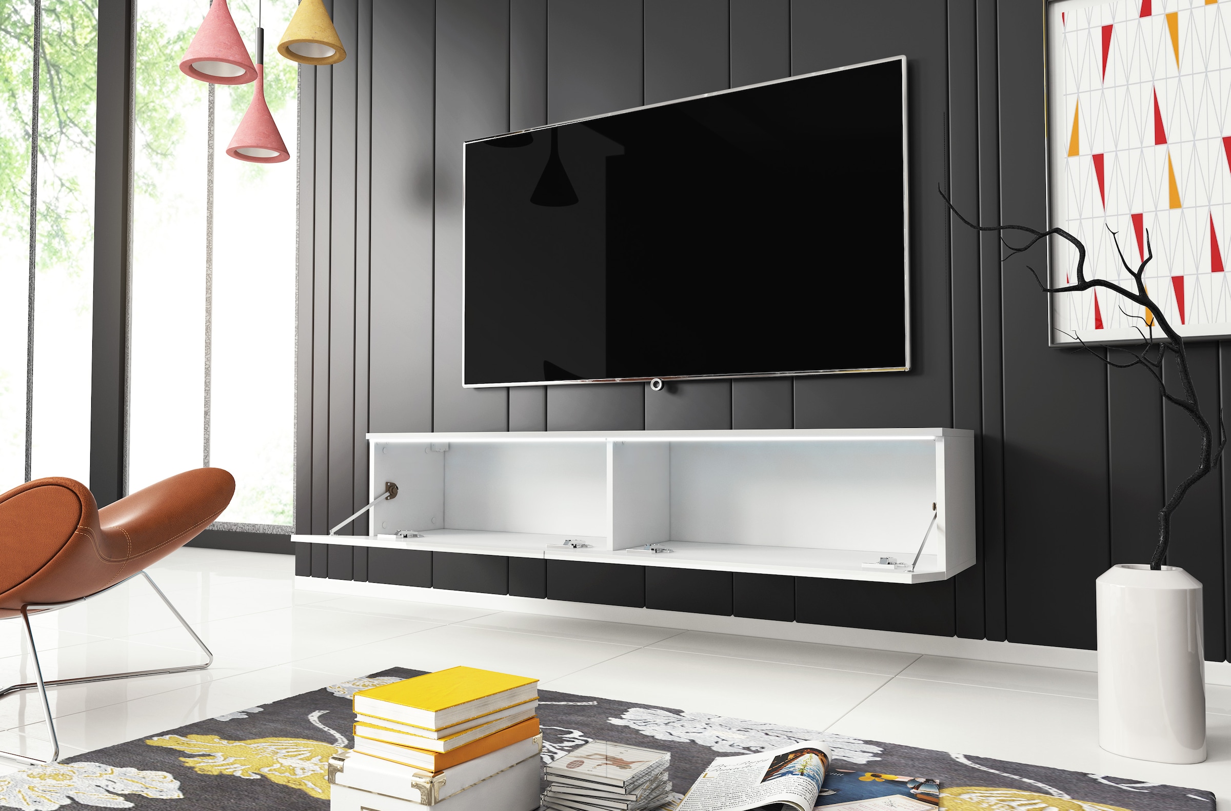 INOSIGN Lowboard »LOWBOARD D, wahlweise mit oder ohne Beleuchtung«, modernes TV-Board ohne Griffe, mit viel Stauraum,stehend und hängend